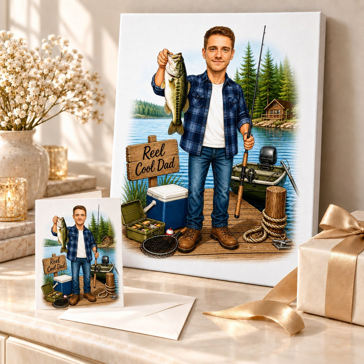 Stretched canvas and 5x7 greeting card of fishing dad caricature in a gift scene.