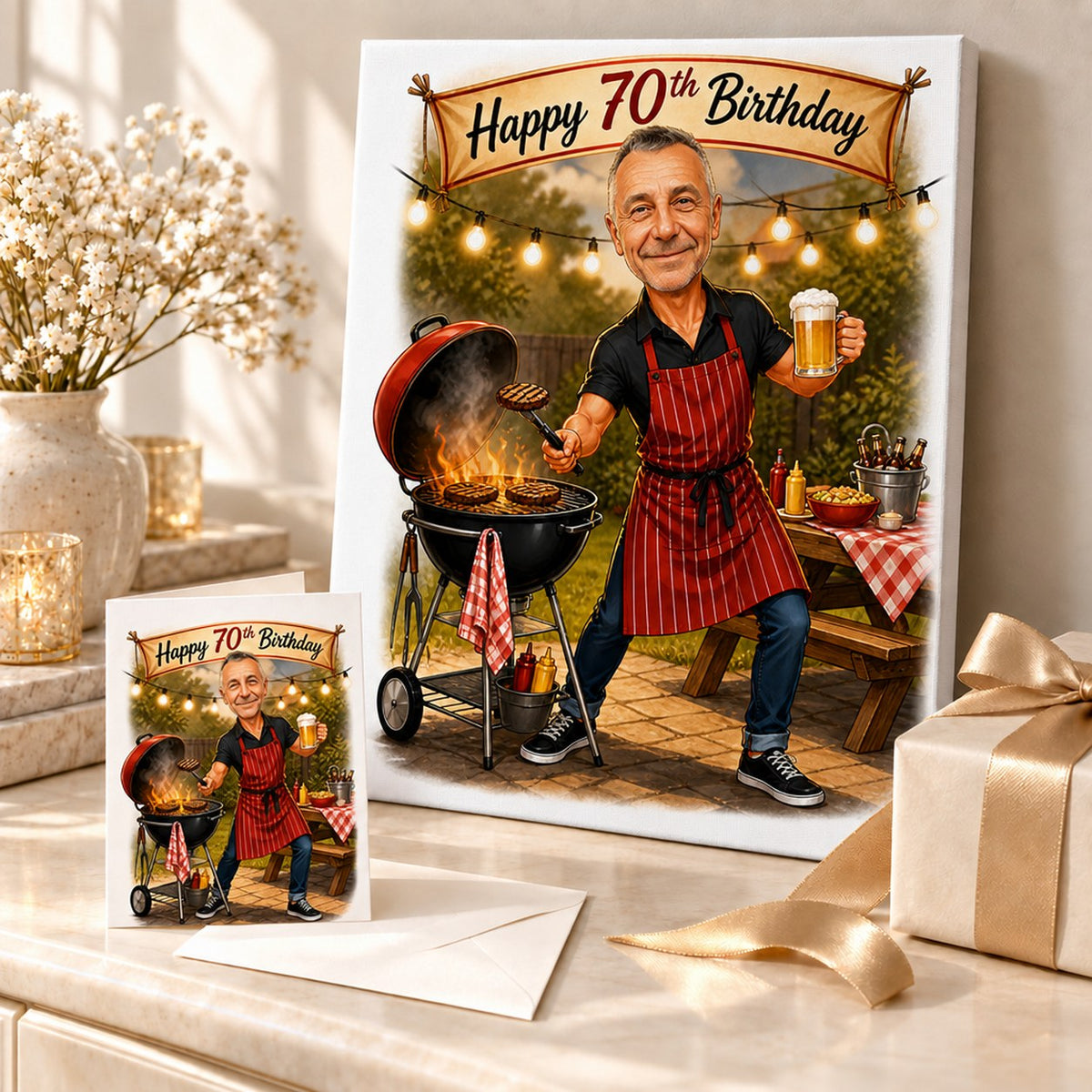 BBQ birthday caricature displayed on stretched canvas and 5x7 card in a gift setup.