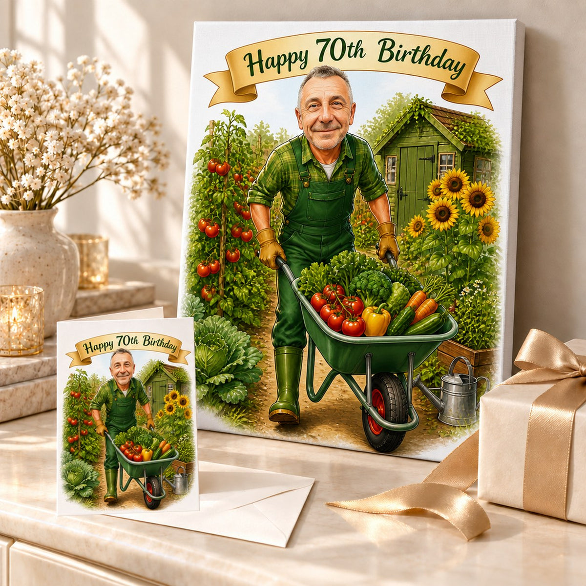 Gardening caricature on stretched canvas and 5x7 card, perfect birthday gift display.