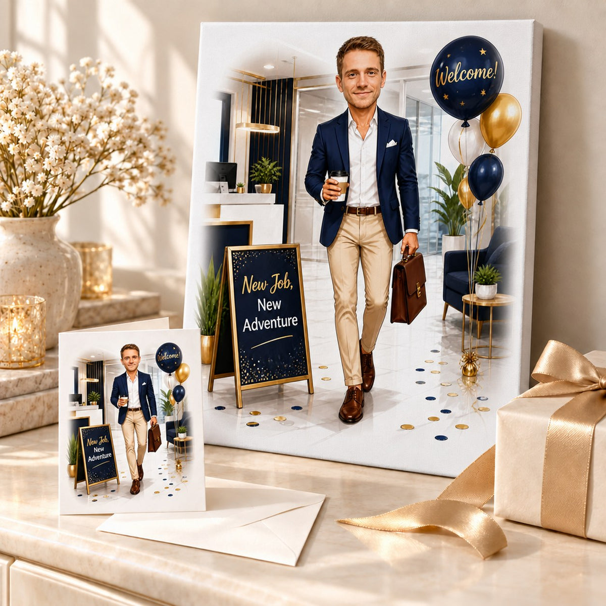 Canvas and 5x7 card of office new job caricature wrapped for gifting.