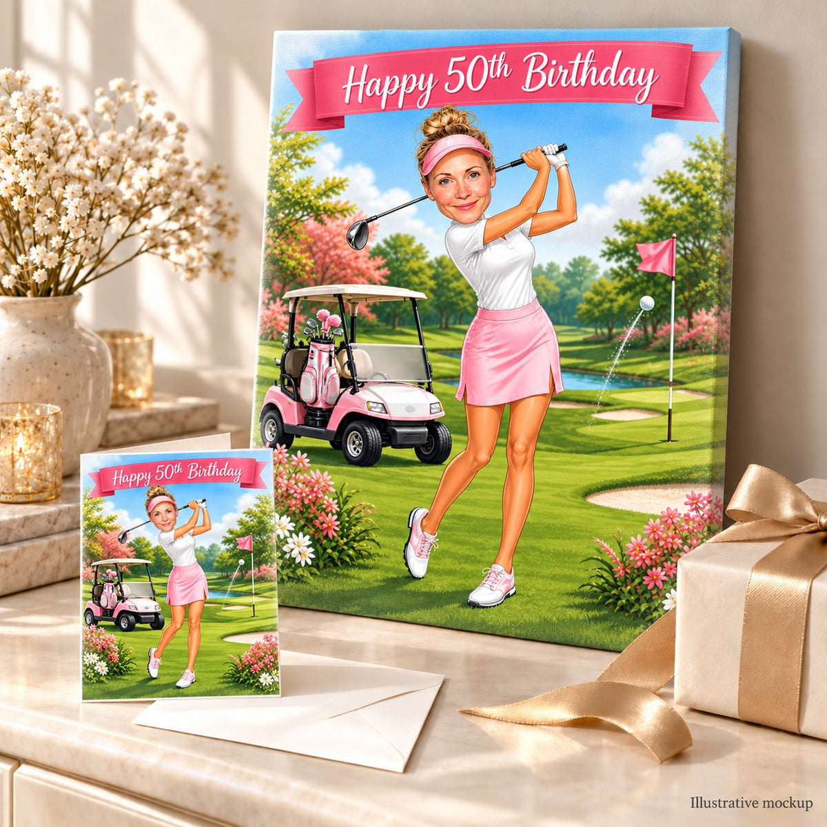 Golf caricature on canvas and card beside ribbon and tees, ready to gift.