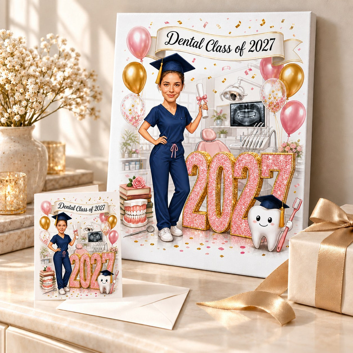 Stretched canvas and 5x7 card of dental graduation caricature with confetti and ribbon.