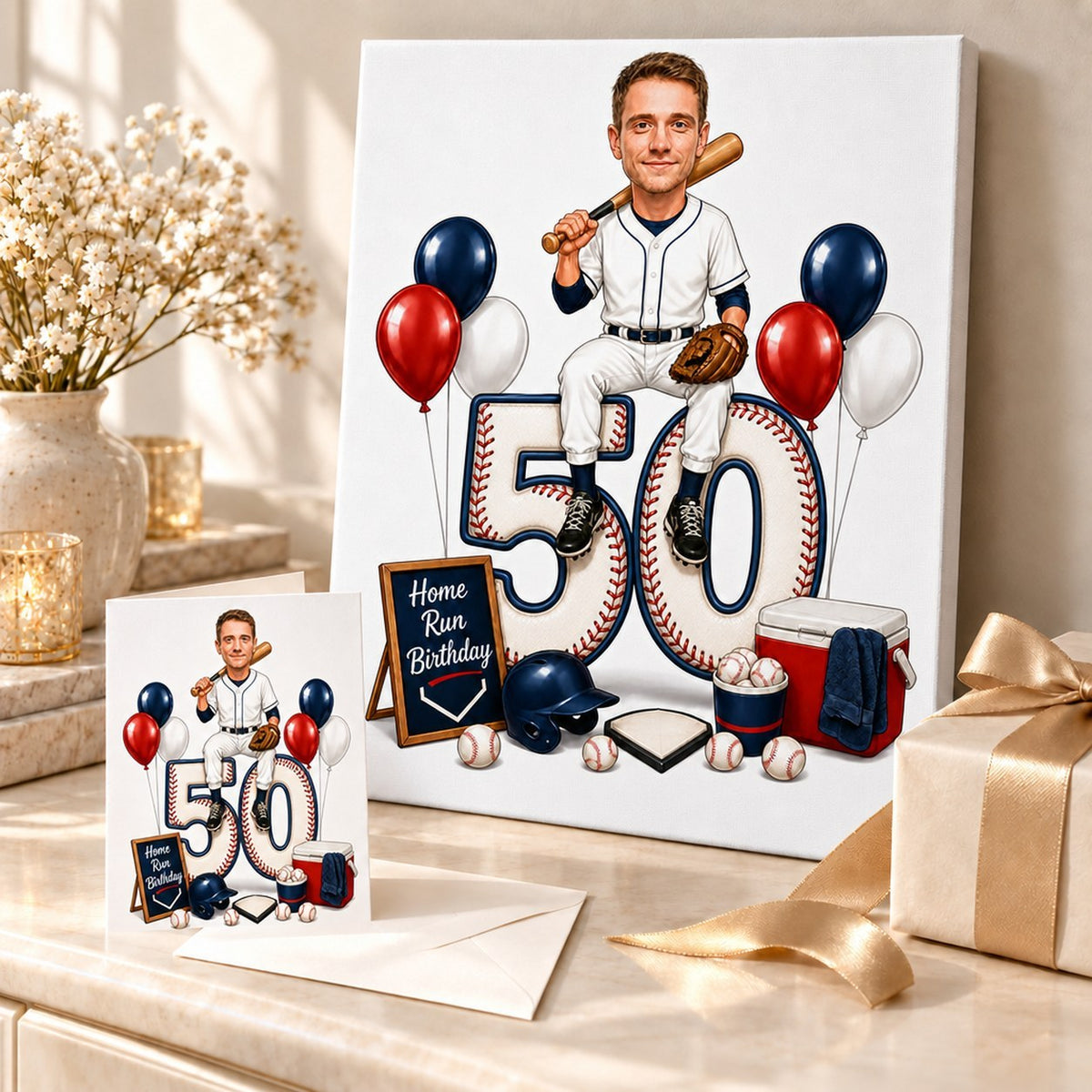 Baseball birthday caricature printed on canvas and card beside wrapped gift.