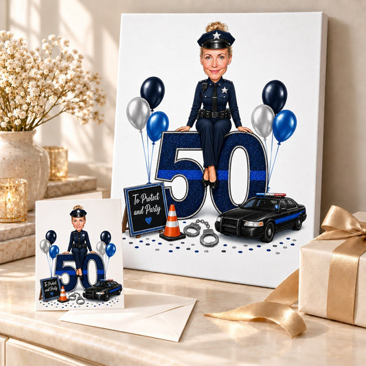 Police birthday caricature printed on canvas and 5x7 card in festive gift scene.