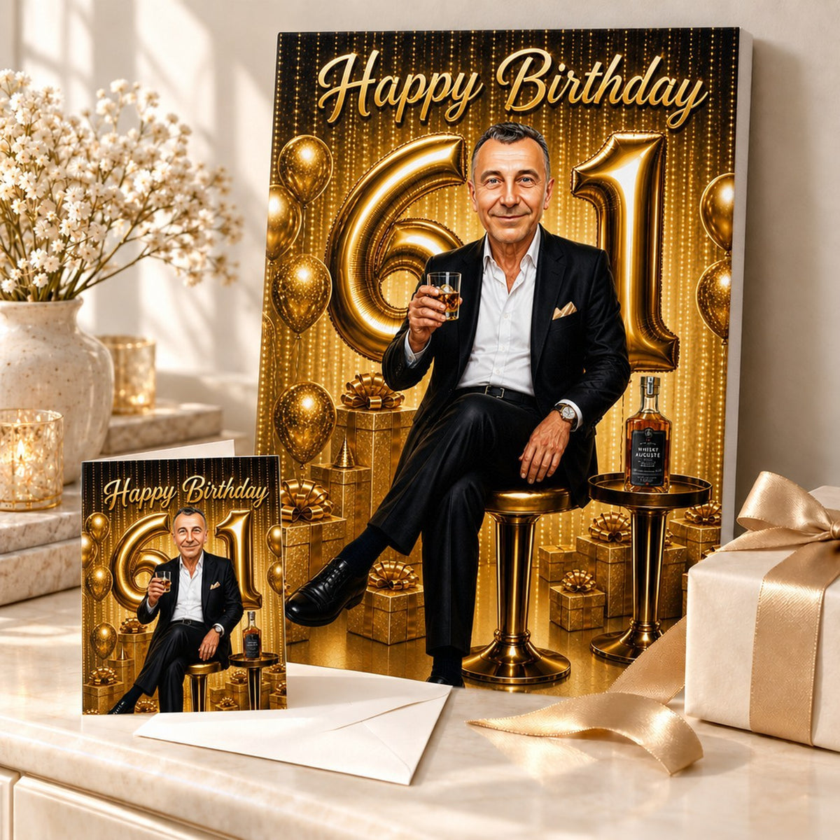 Golden lounge caricature printed on canvas and 5x7 card, styled with ribboned gifts.