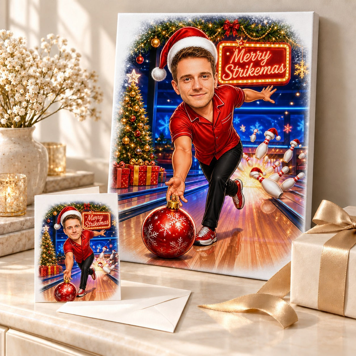 Canvas and 5x7 card of custom bowling Christmas caricature with wrapped holiday gifts
