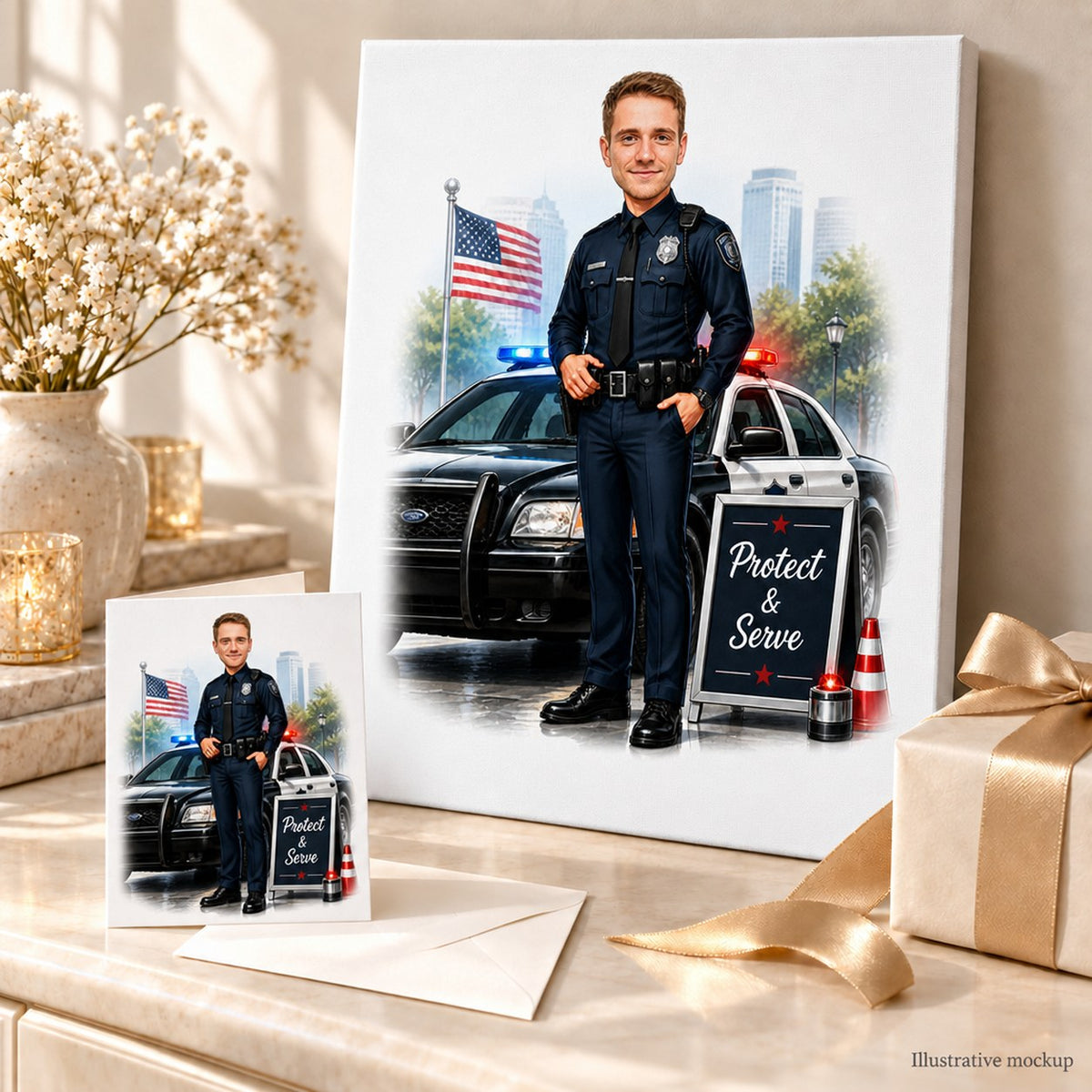 Police officer caricature printed on canvas and greeting card, ready for gifting.