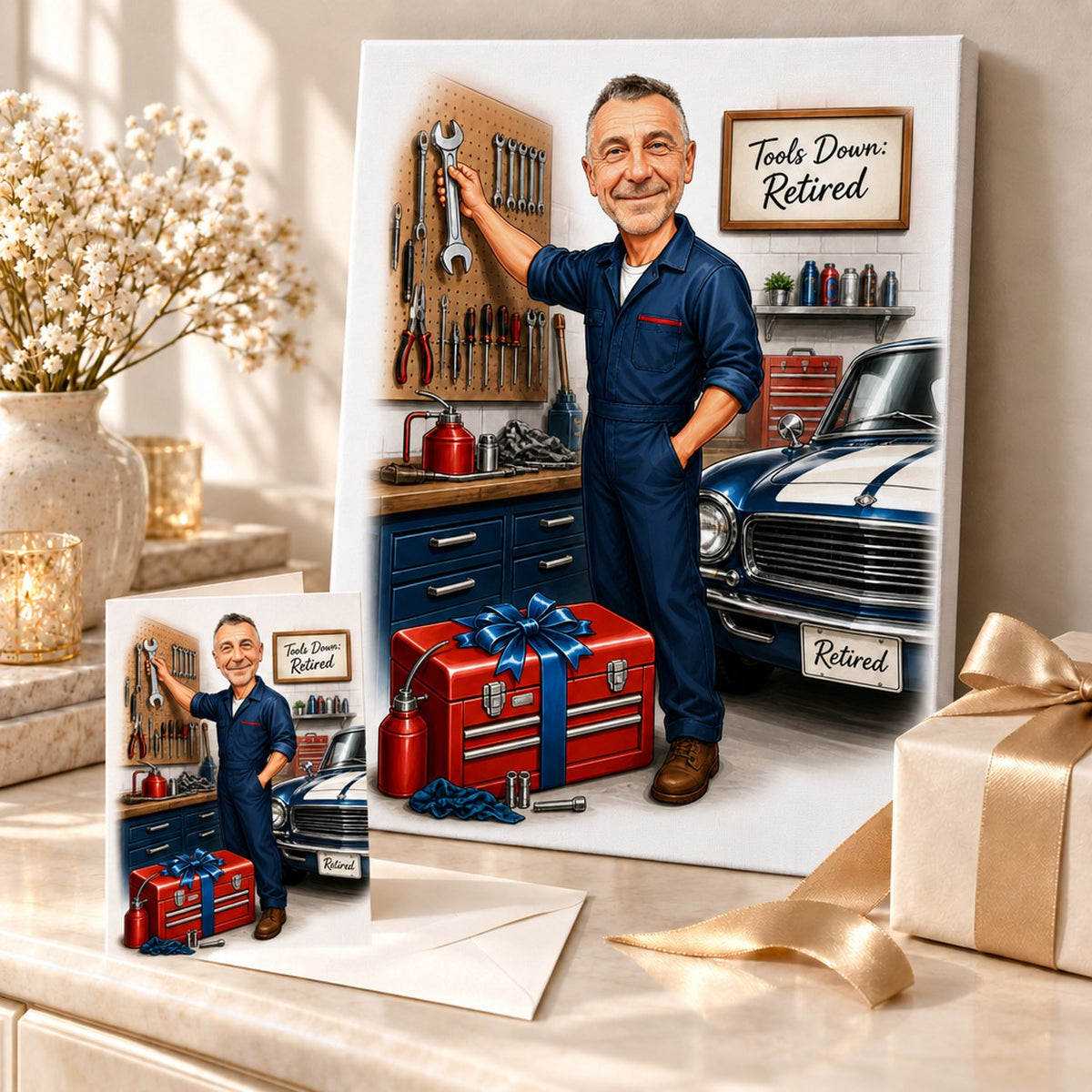Canvas and 5x7 card of retired mechanic cartoon shown as a wrapped gift beside workshop tools.