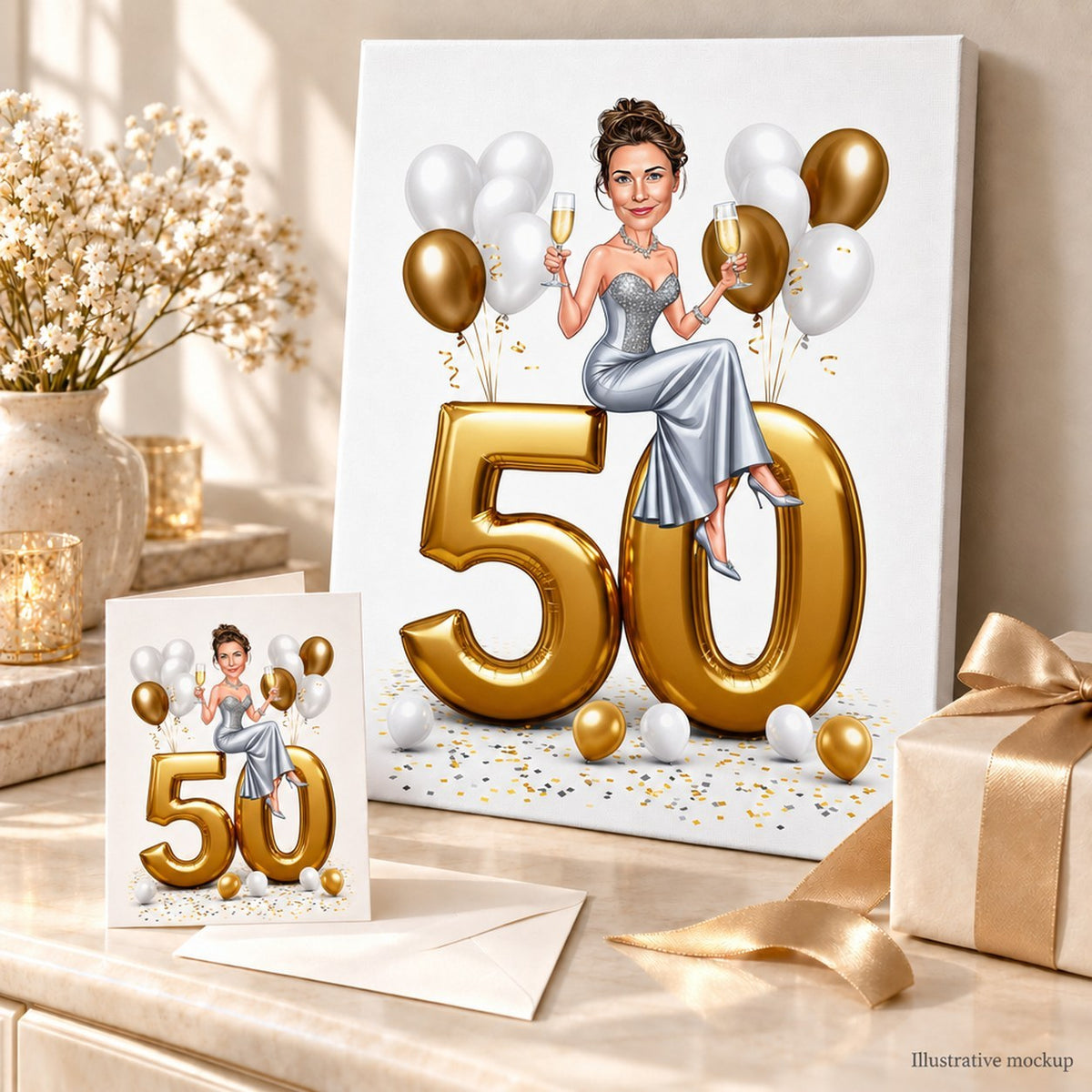 Classic gold birthday caricature displayed on canvas and 5x7 card with confetti and balloons.