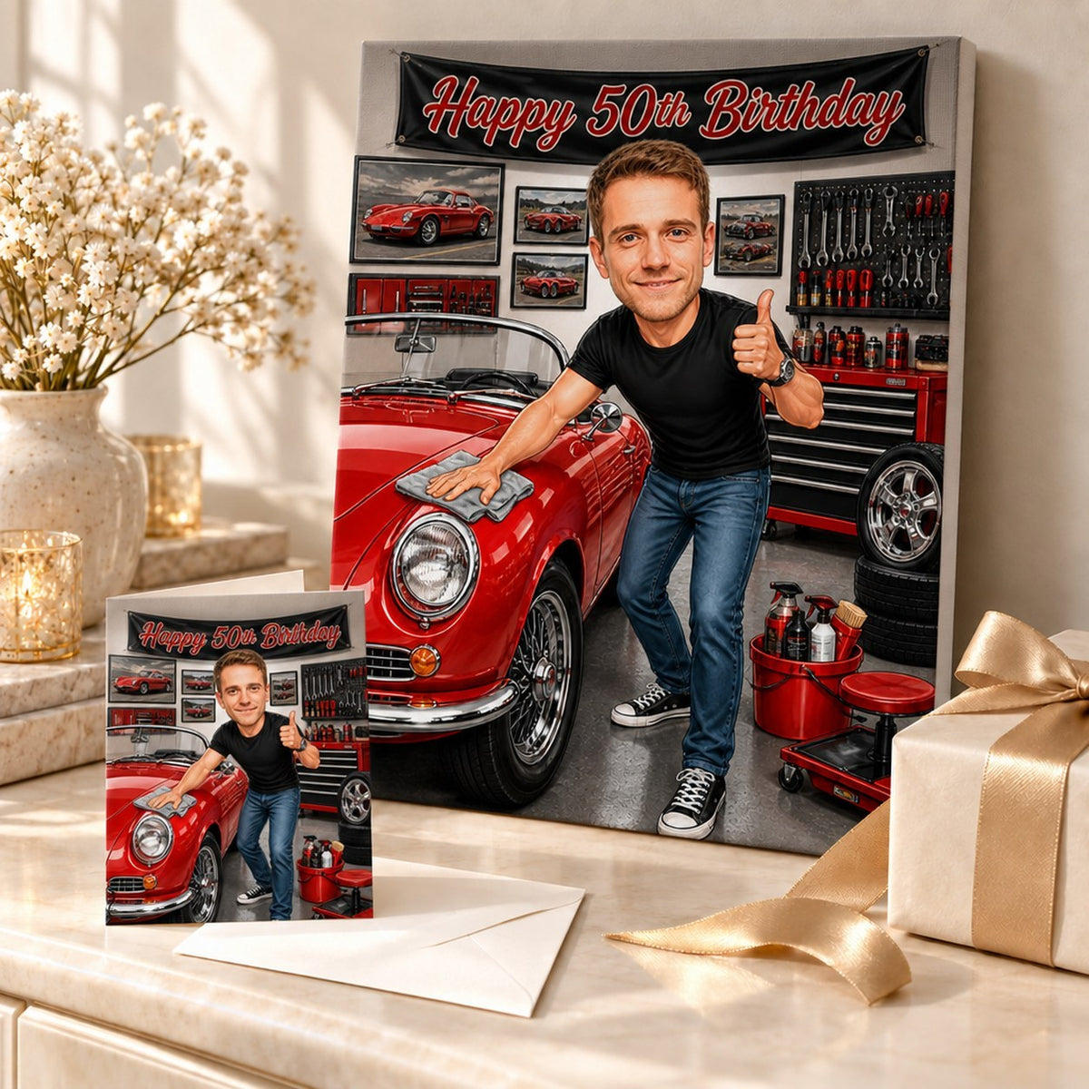 Canvas and 5x7 card of car lover caricature displayed with ribbon and gift box