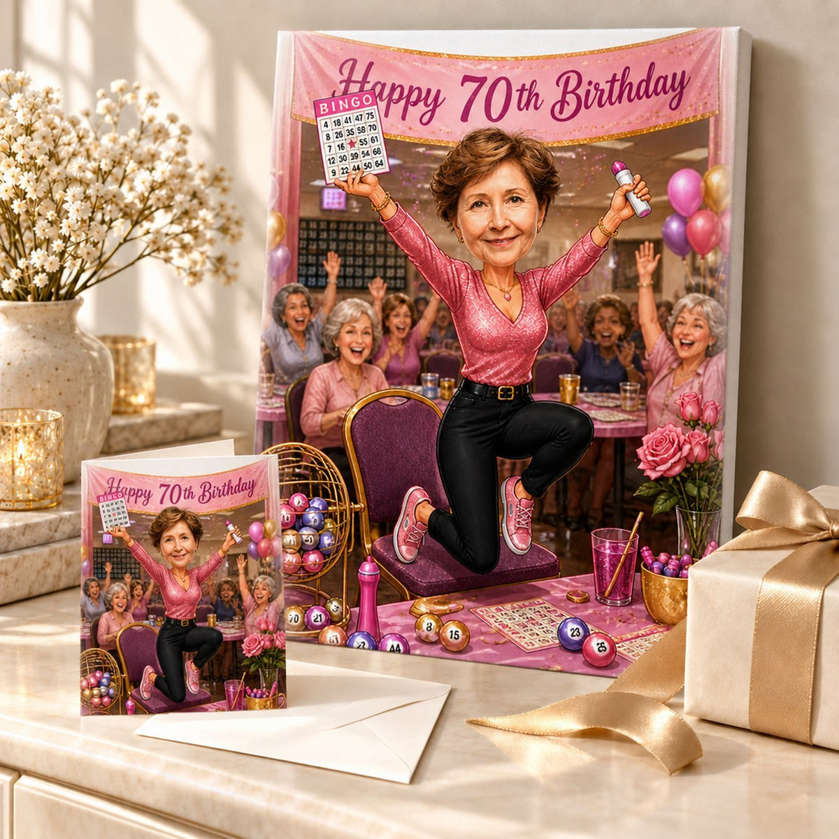 Bingo birthday caricature printed on canvas and greeting card, ready to gift.