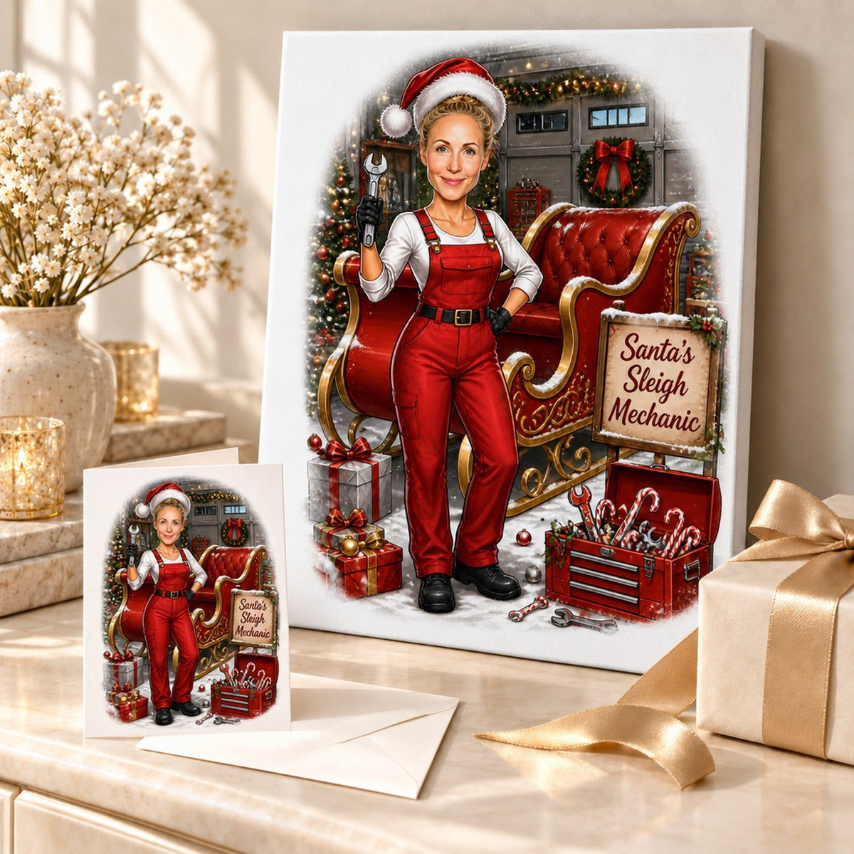 Canvas and 5x7 card of mechanic Christmas caricature displayed with holiday gift wrapping