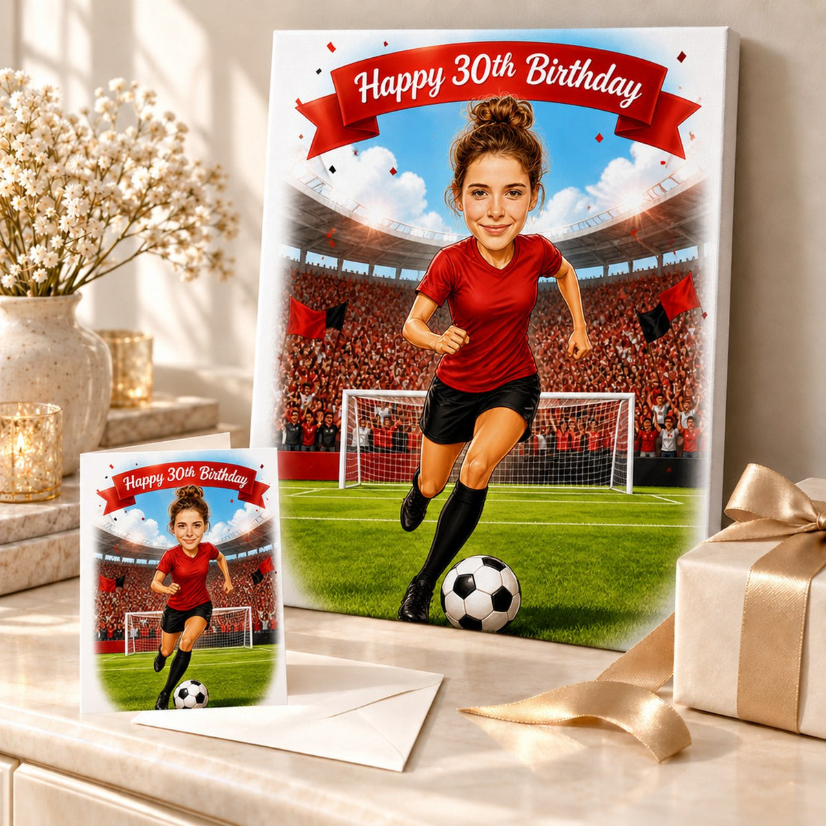 Caricature printed on canvas and greeting card beside wrapped gift box and confetti.
