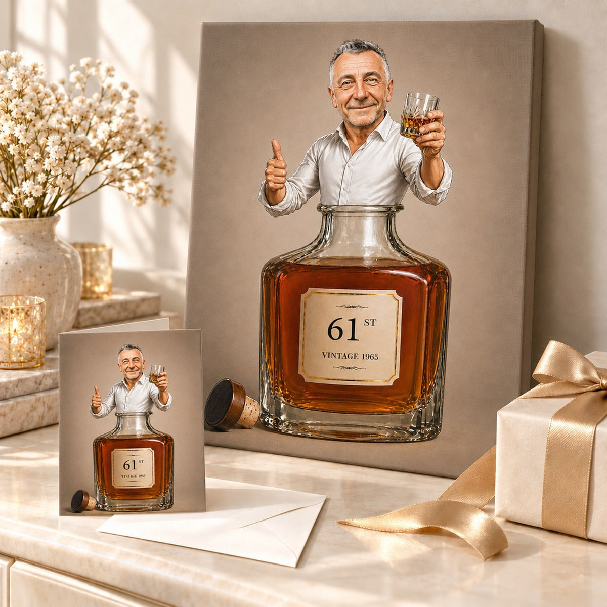 Canvas and 5x7 card of whiskey caricature displayed with ribbon and gift box.