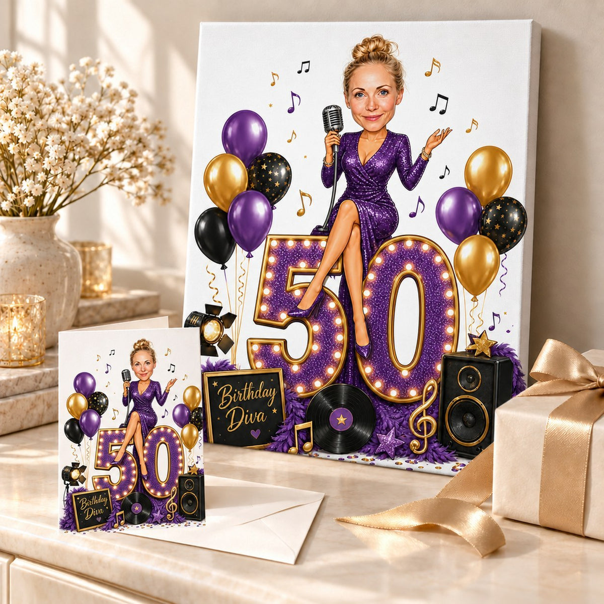 Singer birthday caricature shown on canvas and greeting card beside wrapped gift and confetti.