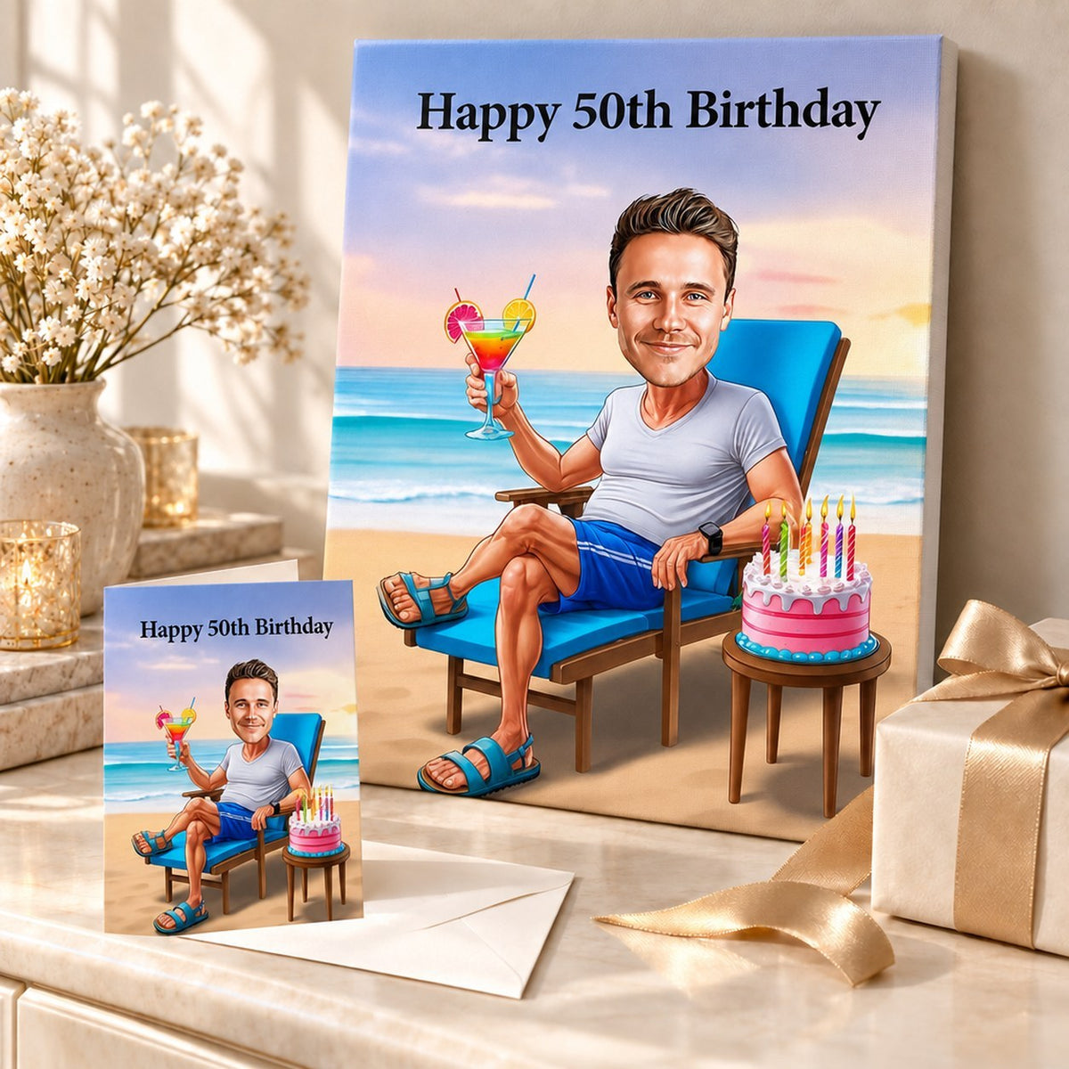 Stretched canvas and 5x7 card of custom beach birthday caricature in gift scene.