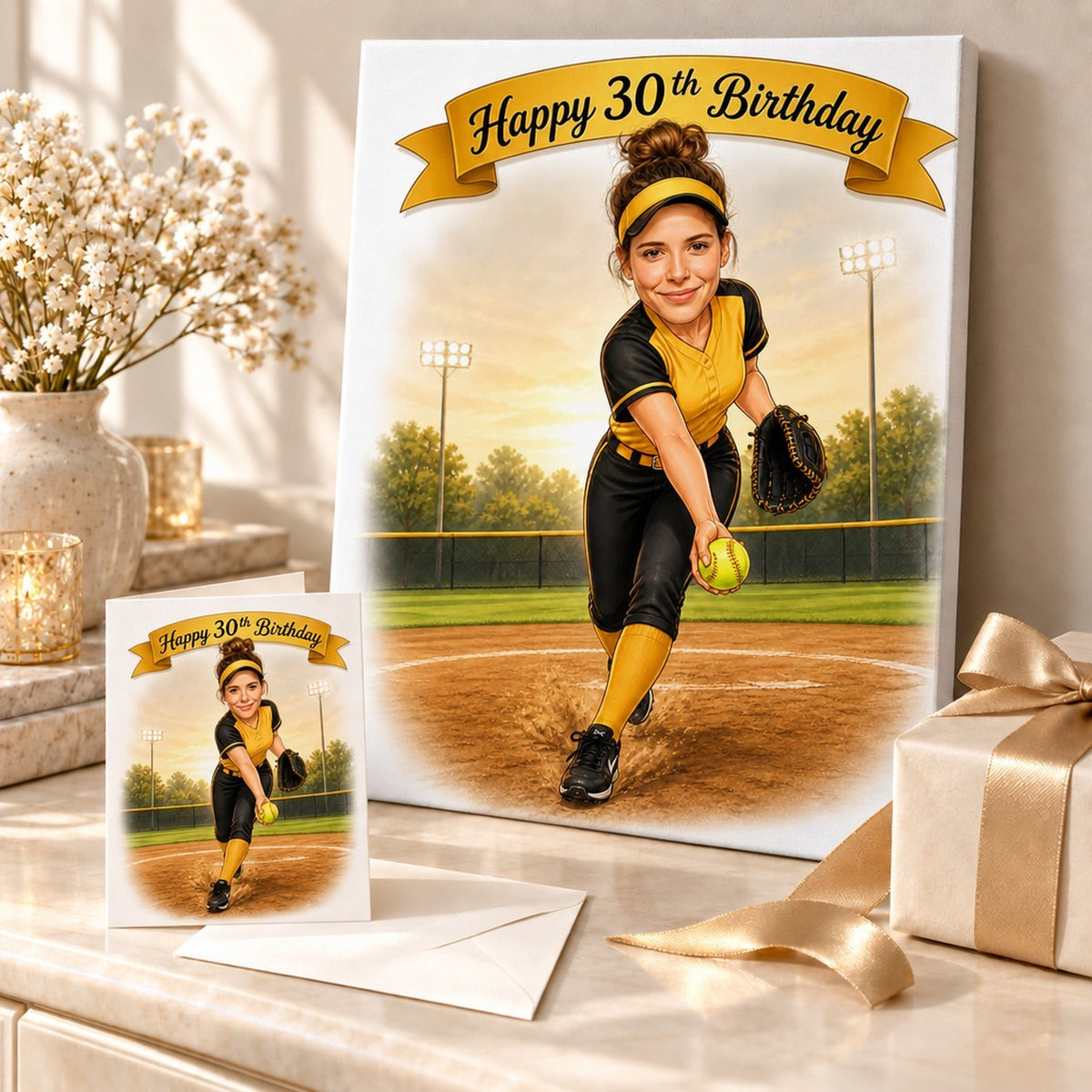 Softball caricature shown on stretched canvas and 5x7 card, ready to gift for her birthday.