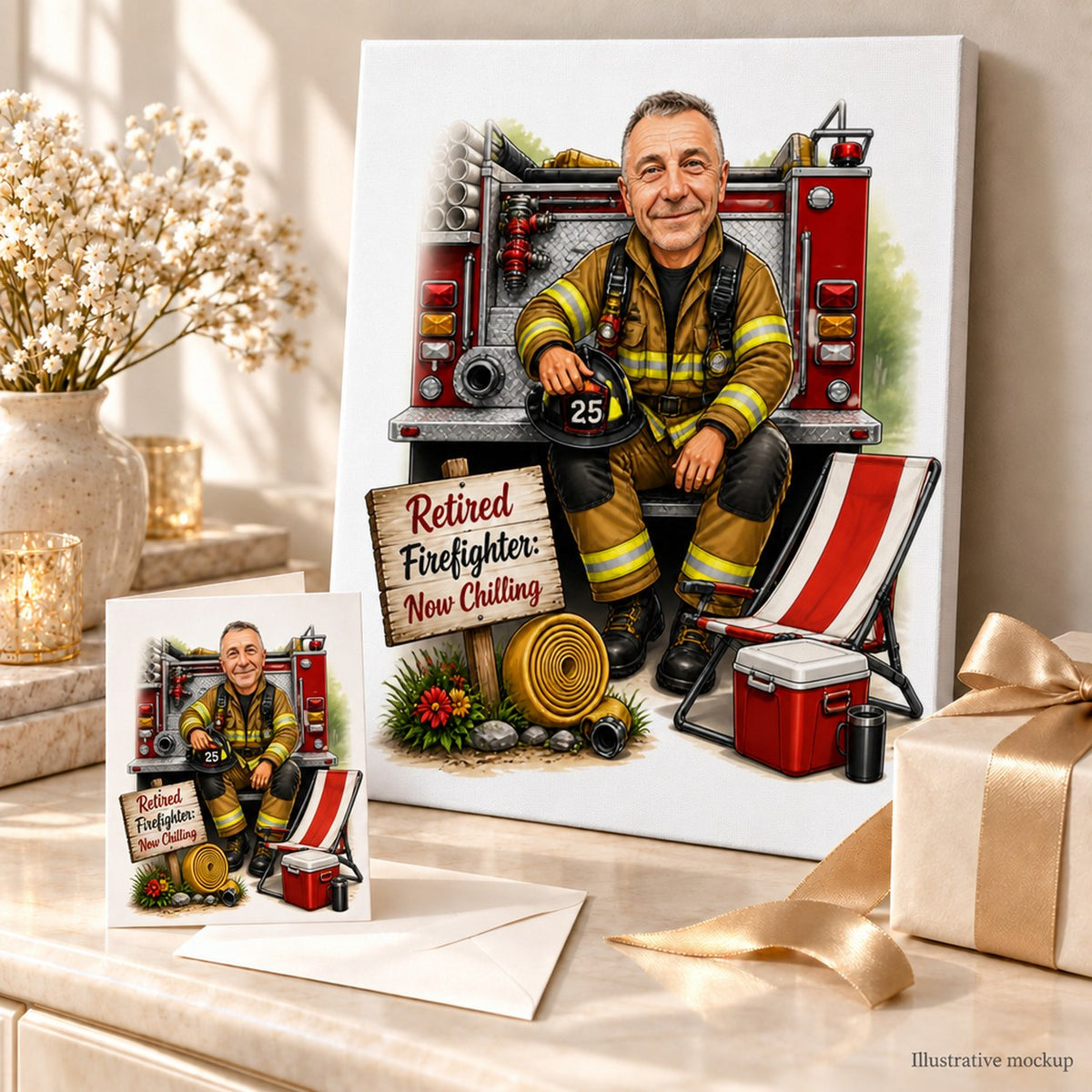 Retired firefighter caricature shown on canvas and greeting card in a gift scene.