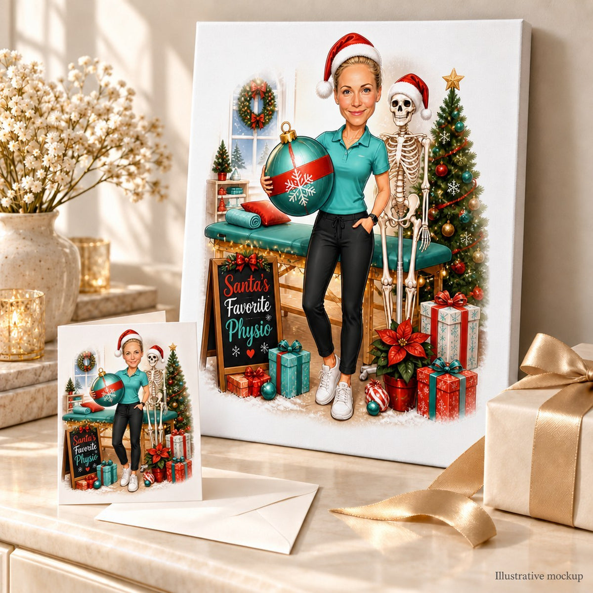 Canvas and greeting card of custom physio Christmas caricature displayed with wrapped holiday gifts