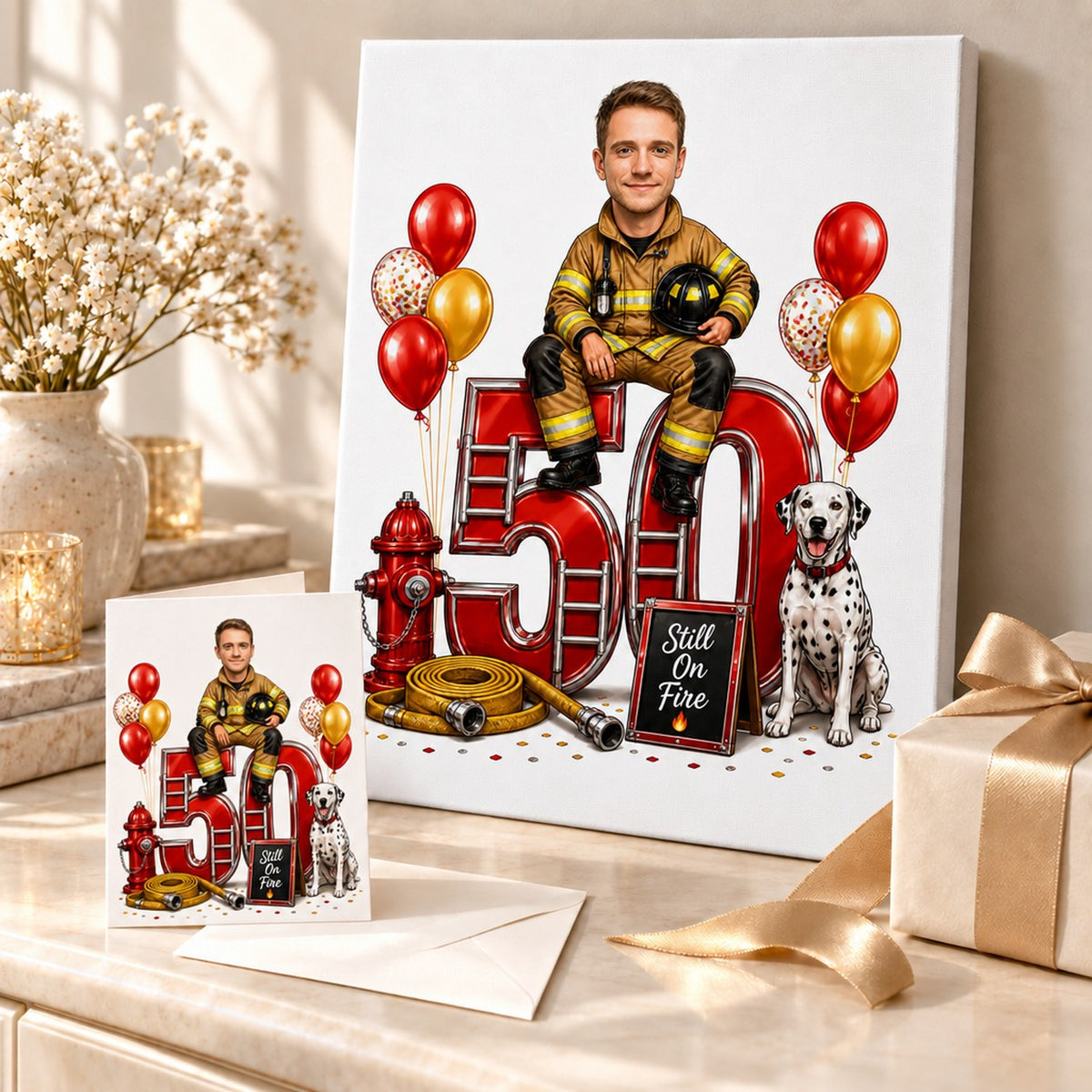 Firefighter birthday caricature on canvas and 5x7 card with balloons and confetti
