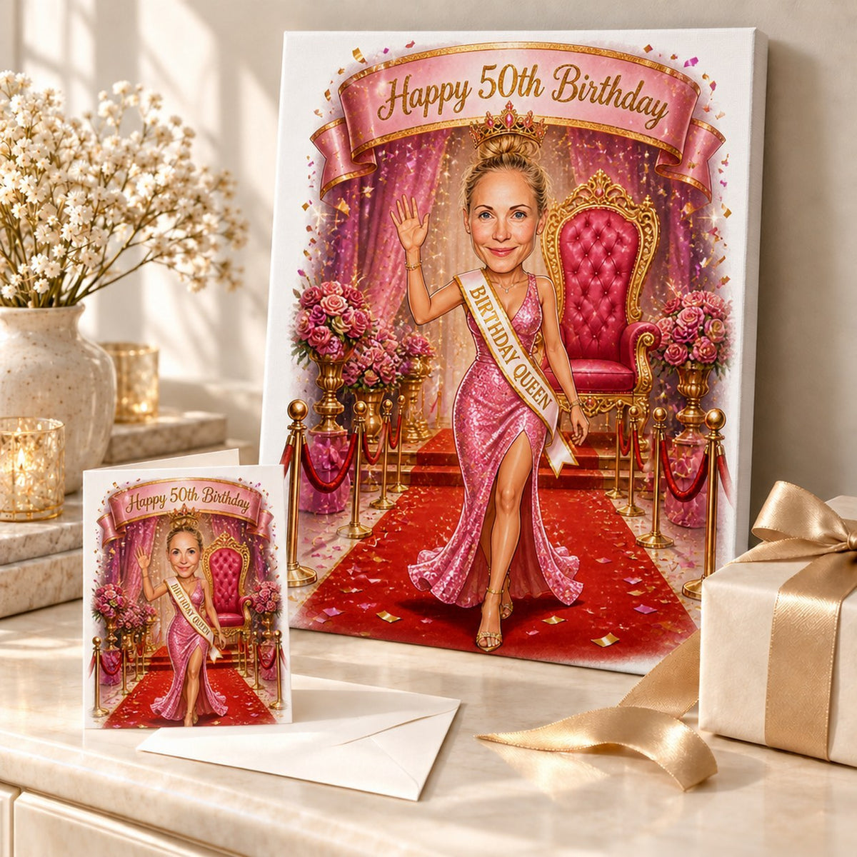 Birthday Queen canvas and 5x7 card arranged as a festive gift set.