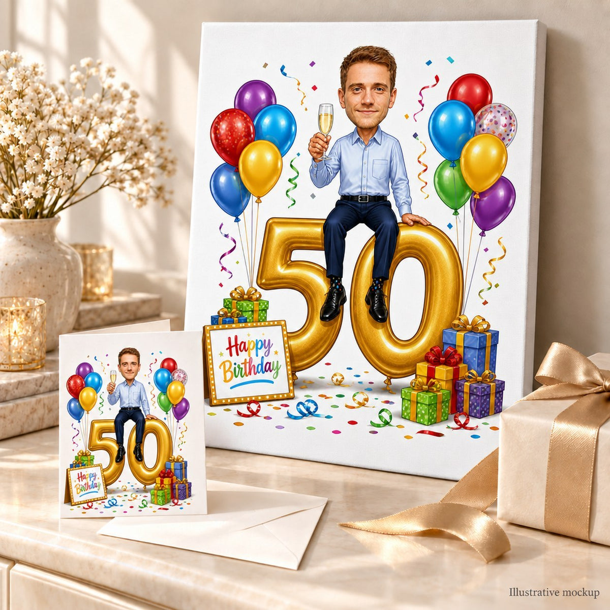 Colorful balloons caricature shown on canvas and greeting card beside wrapped presents.
