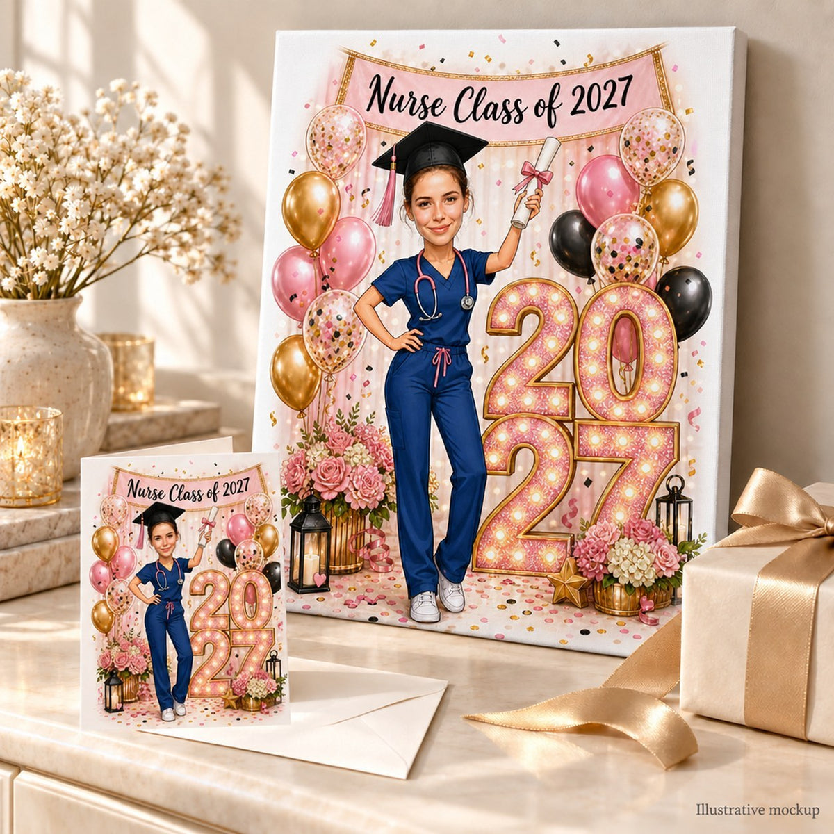 Canvas and 5x7 card of nurse graduation caricature arranged with flowers and confetti for gifting.