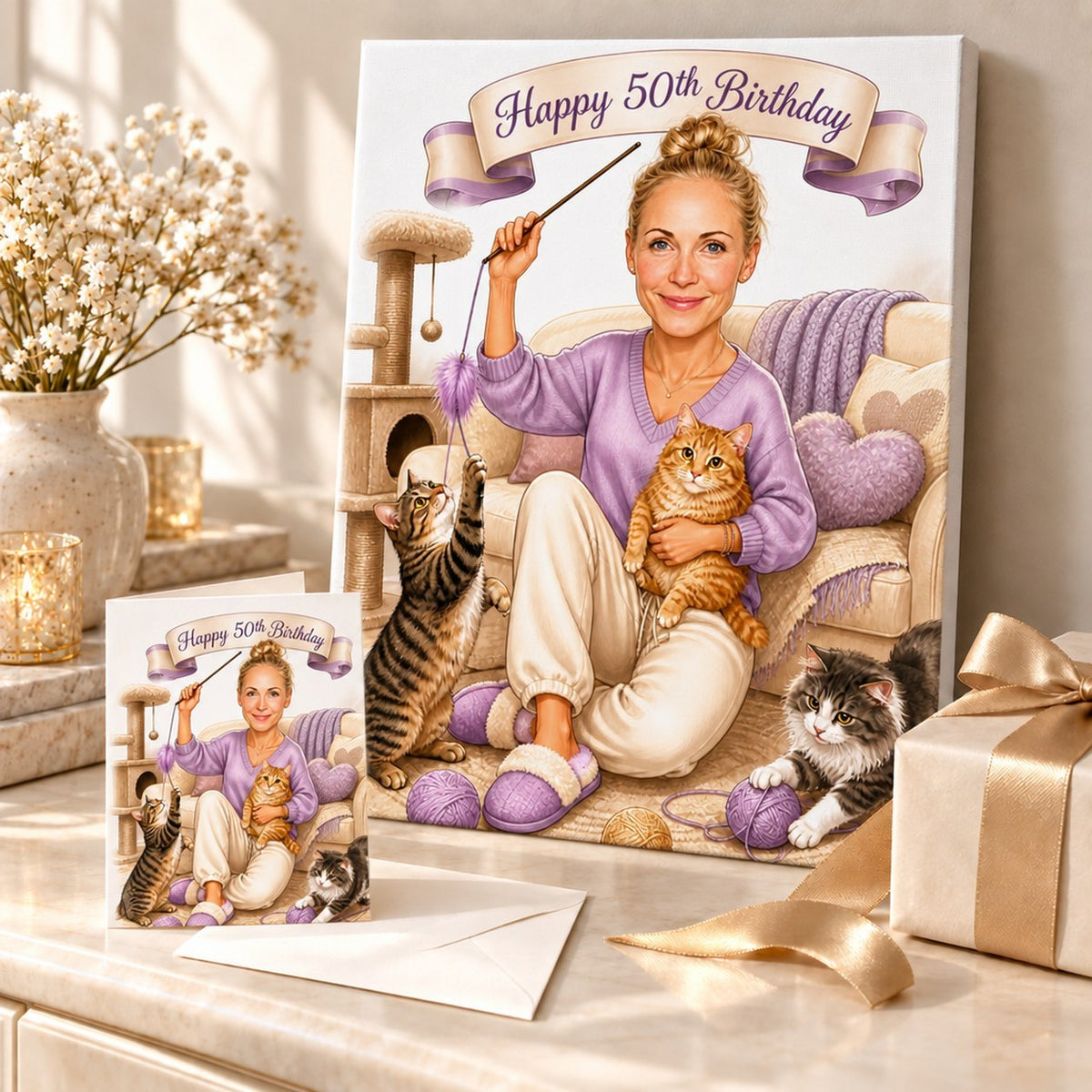 Cat lover birthday caricature on canvas and 5x7 card, ready to gift.