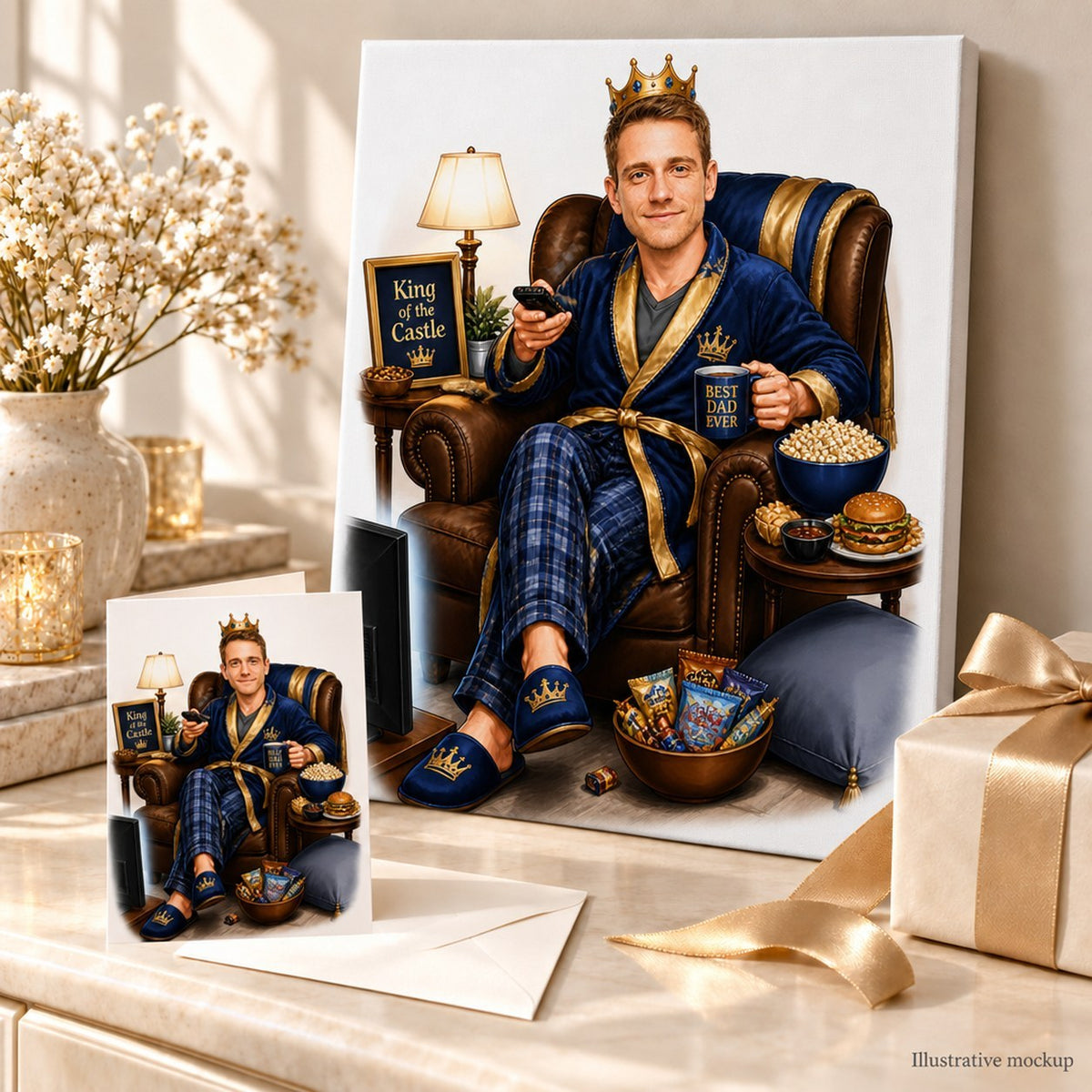 Canvas and 5x7 card of King of the Castle dad caricature displayed in a gift setting.