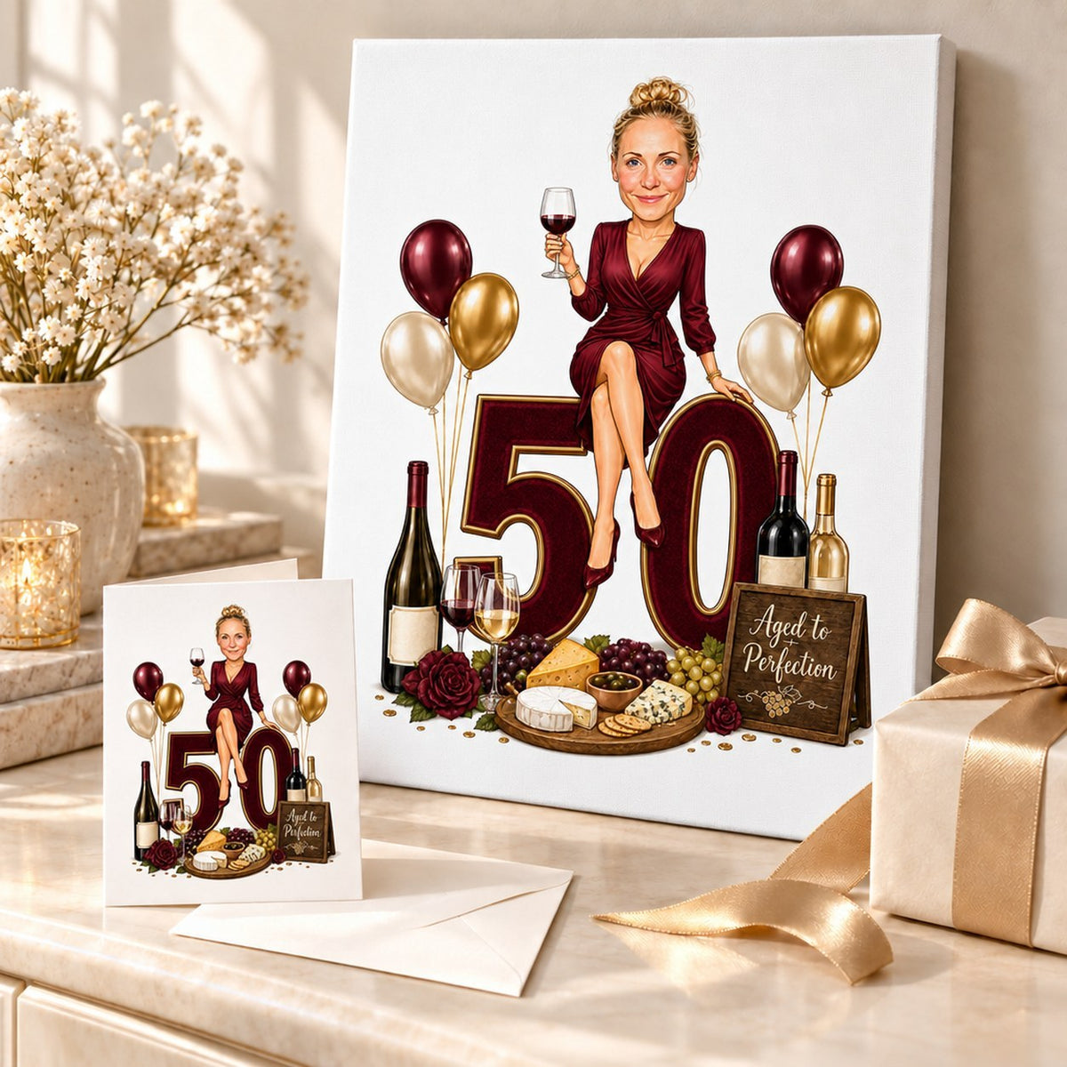 Canvas and 5x7 greeting card of wine birthday caricature displayed with wrapped gift.
