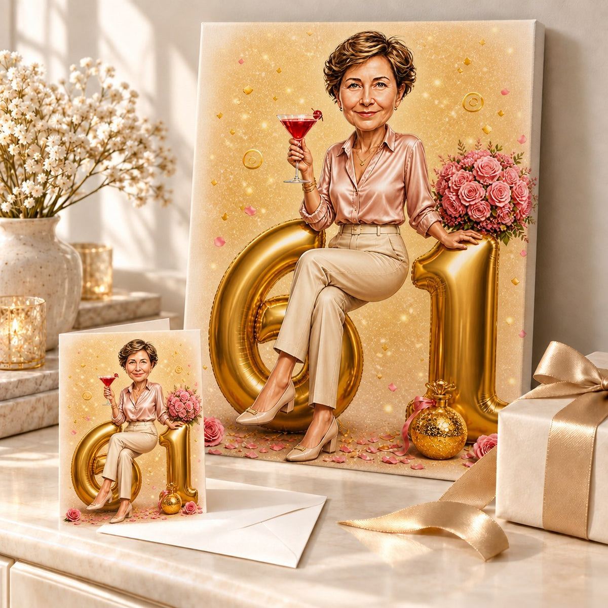 Golden roses birthday caricature on canvas and card, arranged as a celebratory gift scene.