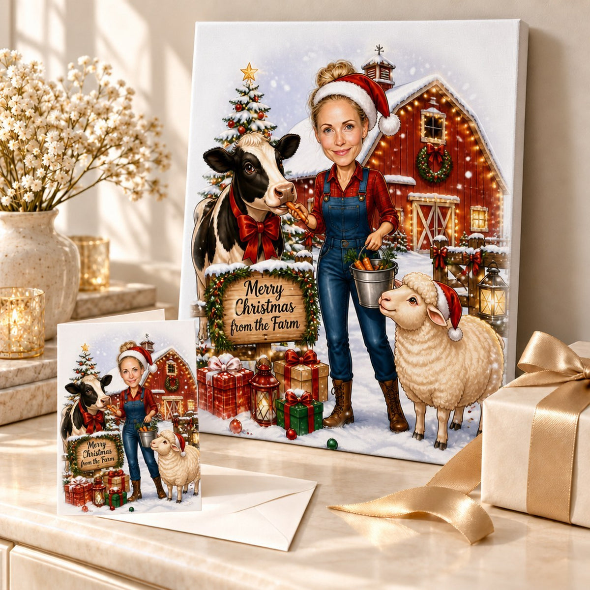 Farmer Christmas caricature on canvas and 5x7 card with festive wrapping.