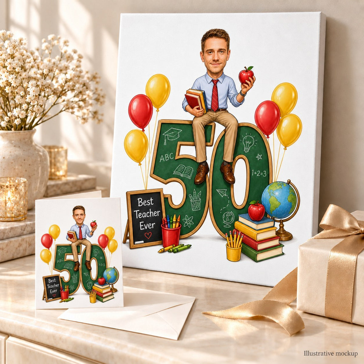 Teacher birthday caricature shown on canvas and greeting card ready to gift.