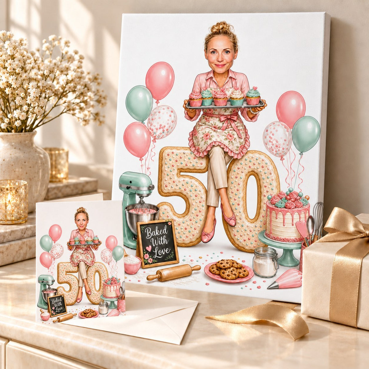 Stretched canvas and 5x7 greeting card of baking caricature arranged with ribbon and cupcakes.