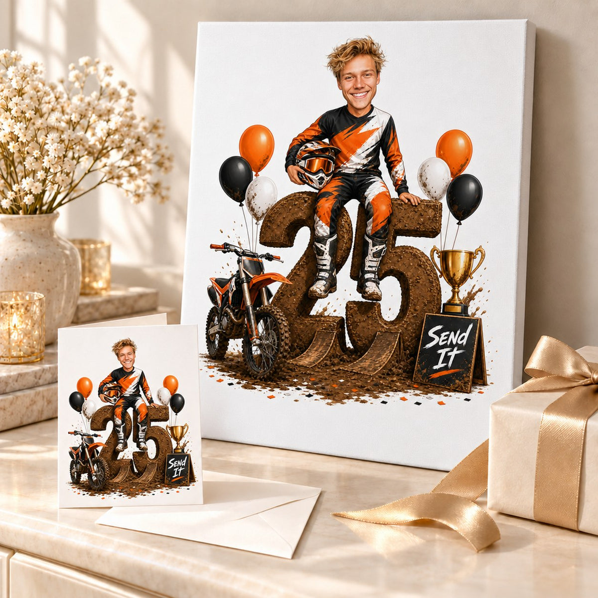 Canvas and greeting card of motocross birthday caricature styled in a festive gift scene.