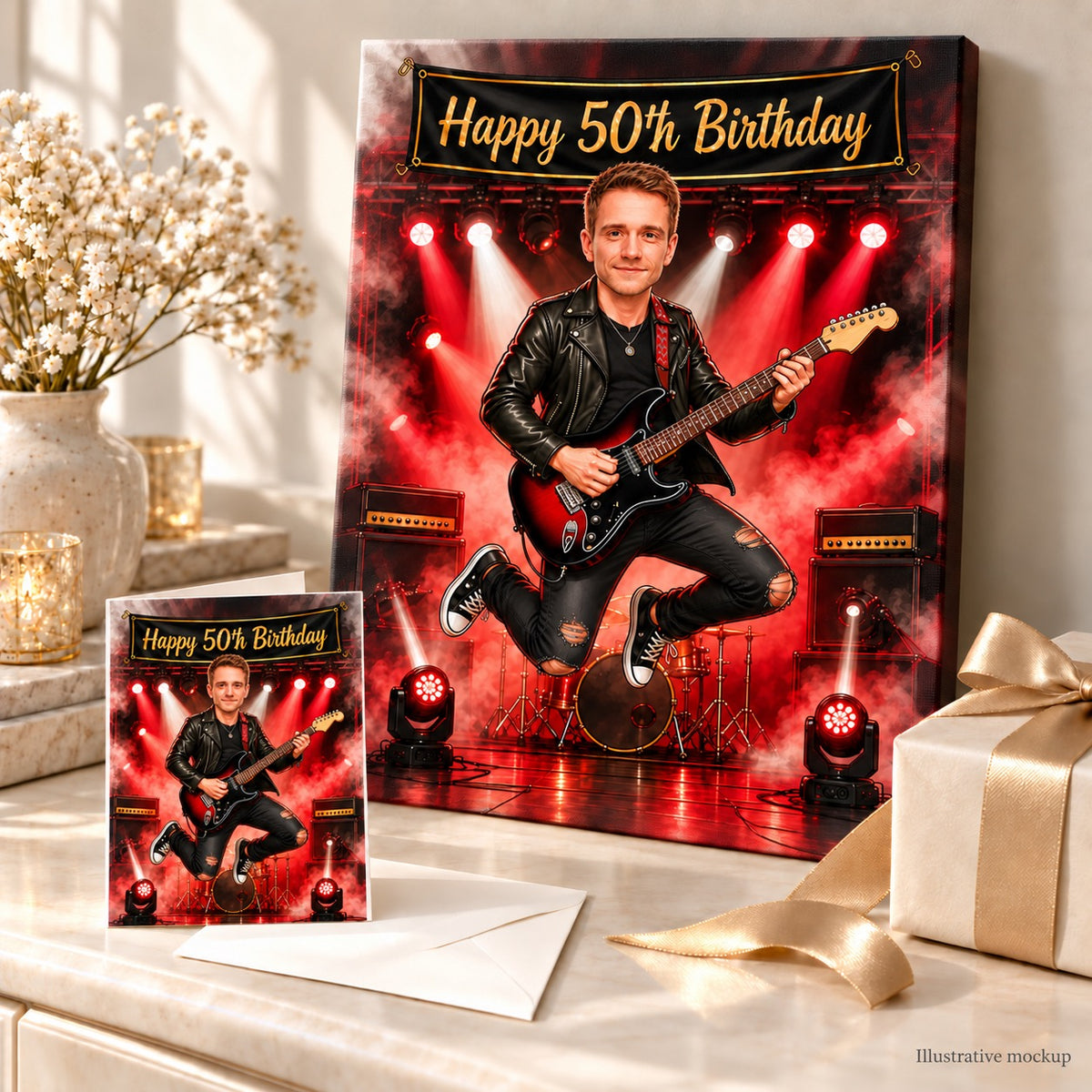 Stretched canvas and 5x7 greeting card with custom rock guitarist birthday caricature gift.