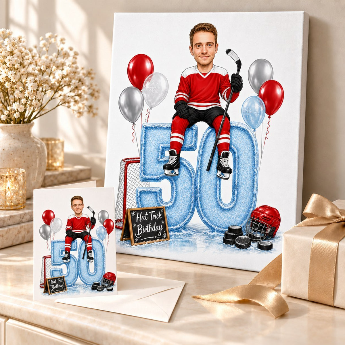 Canvas and 5x7 card of hockey caricature styled in birthday gift setting.