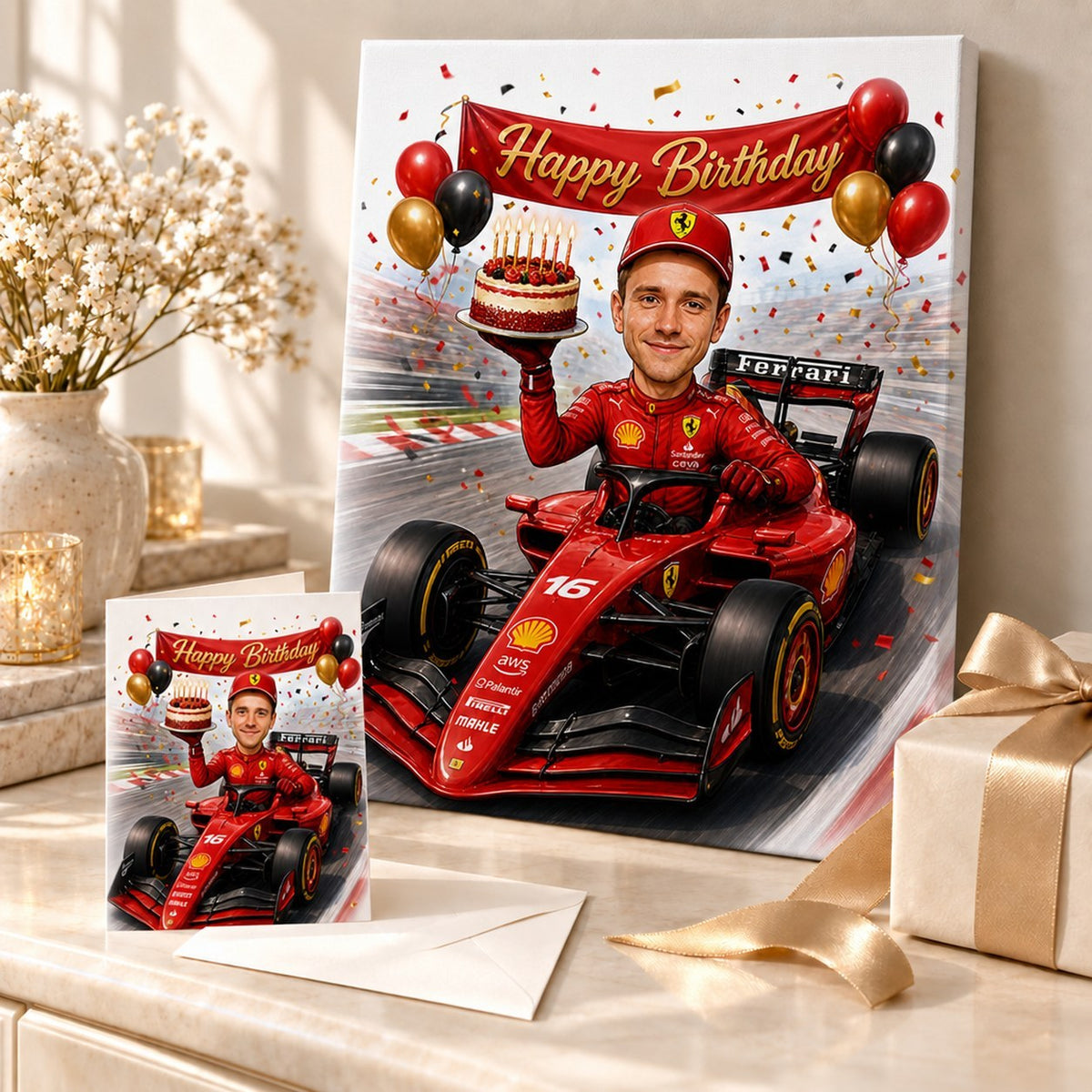 Canvas and greeting card featuring custom racing caricature, shown in gift scene with ribbons.