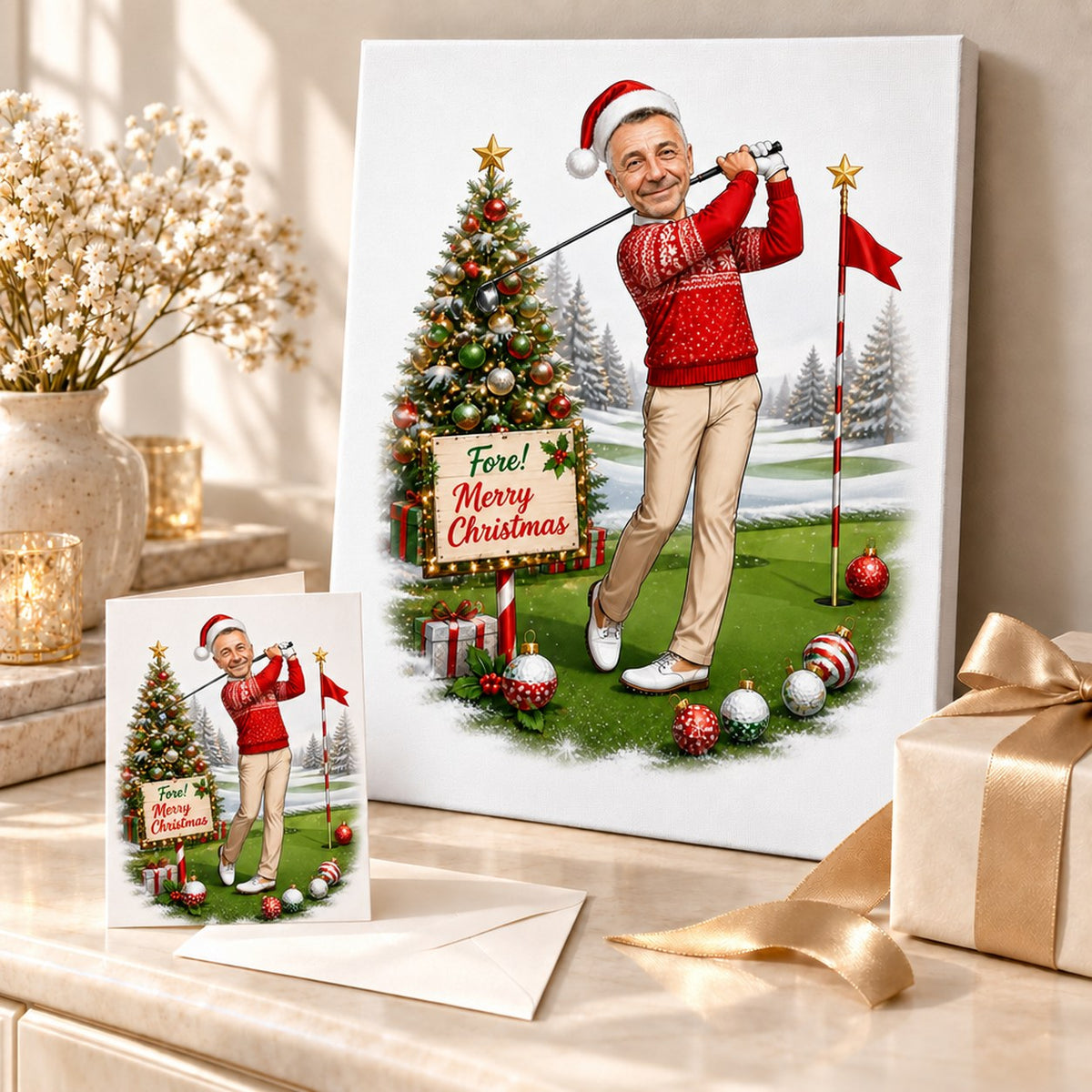 Stretched canvas and 5x7 greeting card of personalized Christmas golf caricature staged with festive wrapped gifts