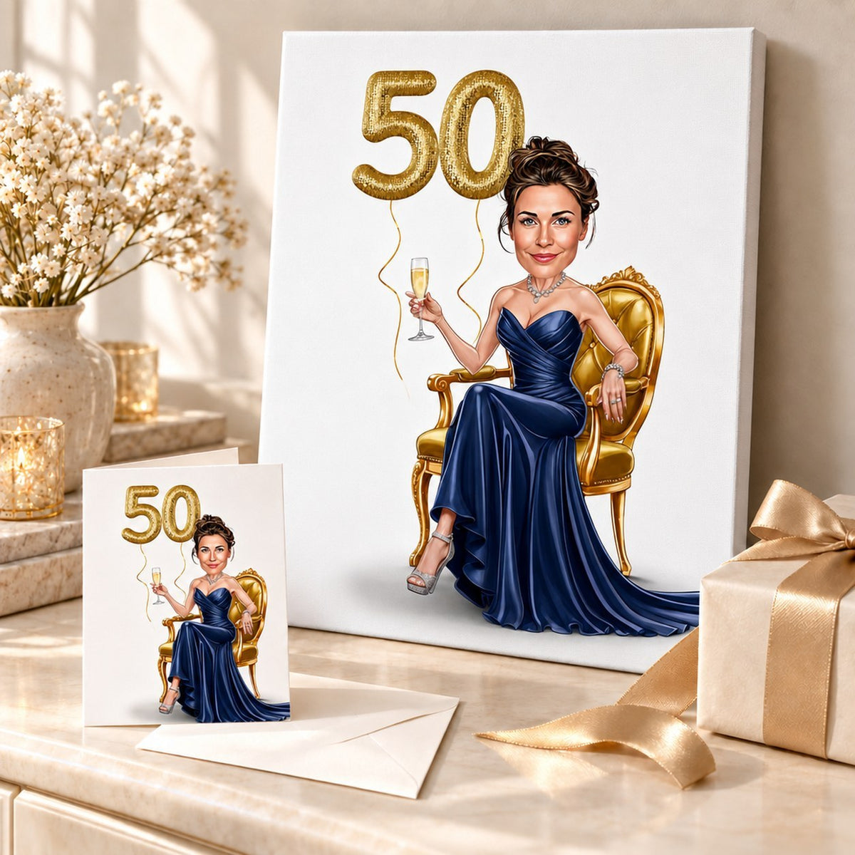 Golden armchair birthday caricature on canvas and greeting card beside gift ribbon box.