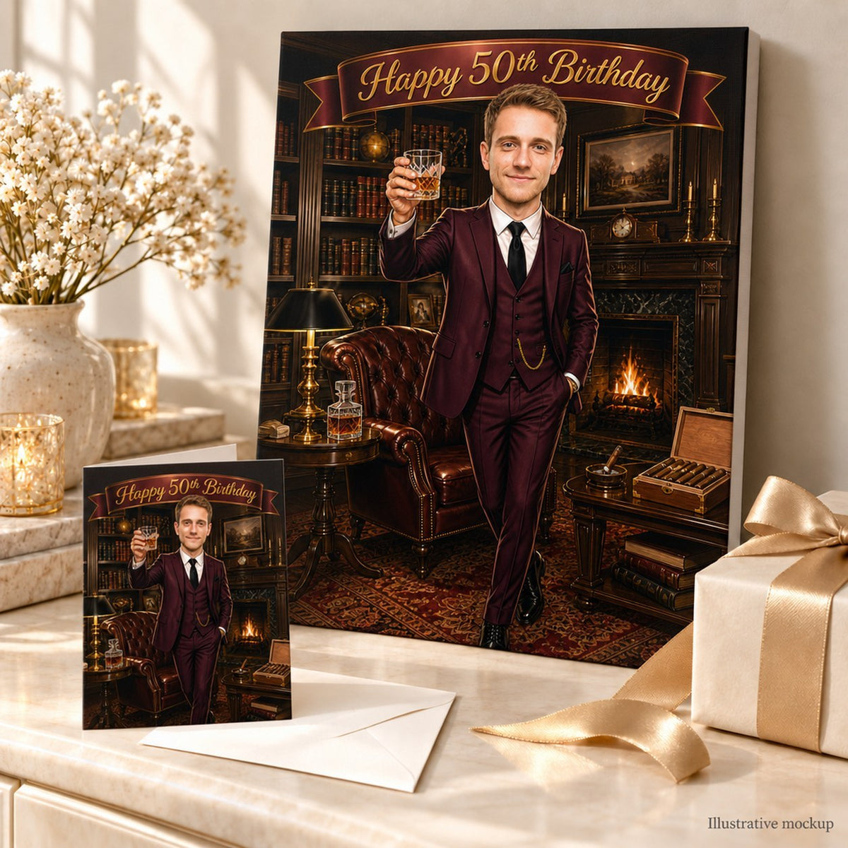 Canvas and greeting card of gentleman birthday caricature displayed in an elegant gift setting.