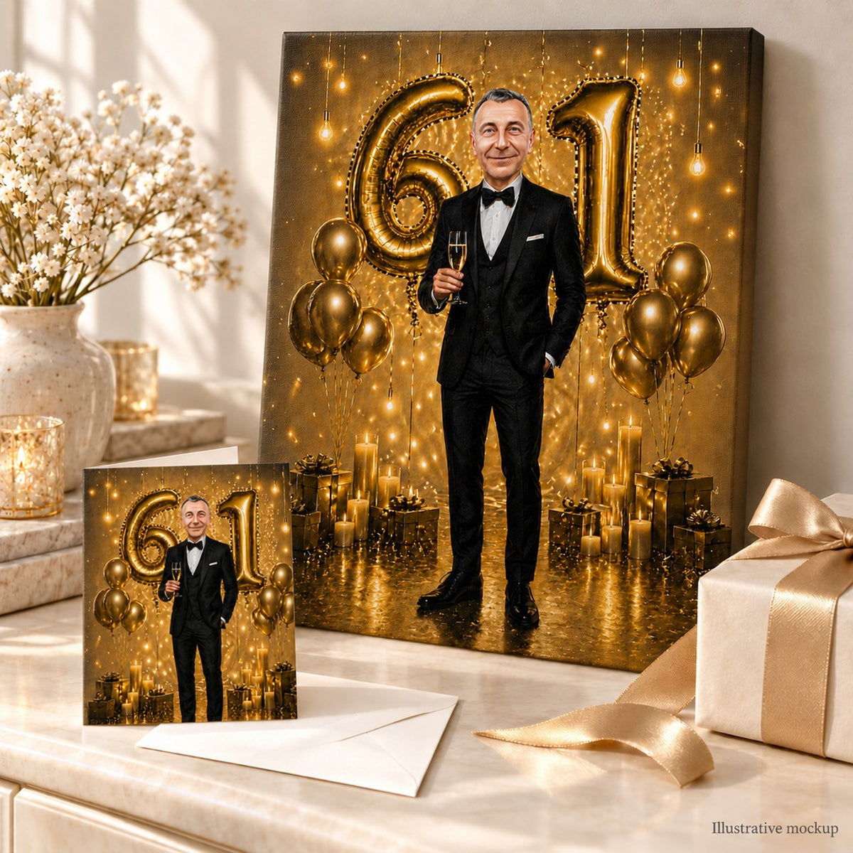 Canvas and greeting card showing black and gold birthday caricature in a classy gift scene.