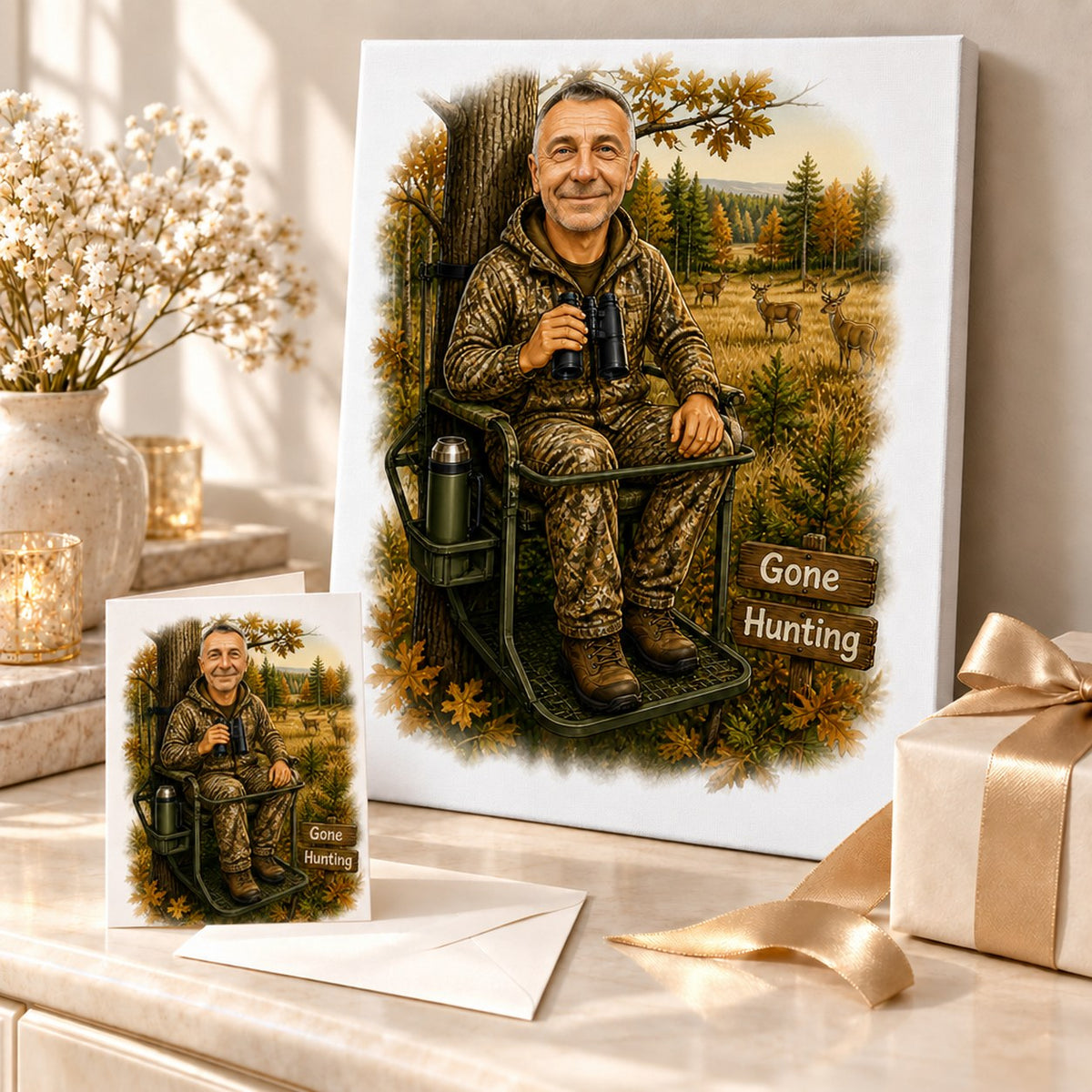 Canvas and greeting card of hunting caricature, wrapped with ribbon beside camo hat.