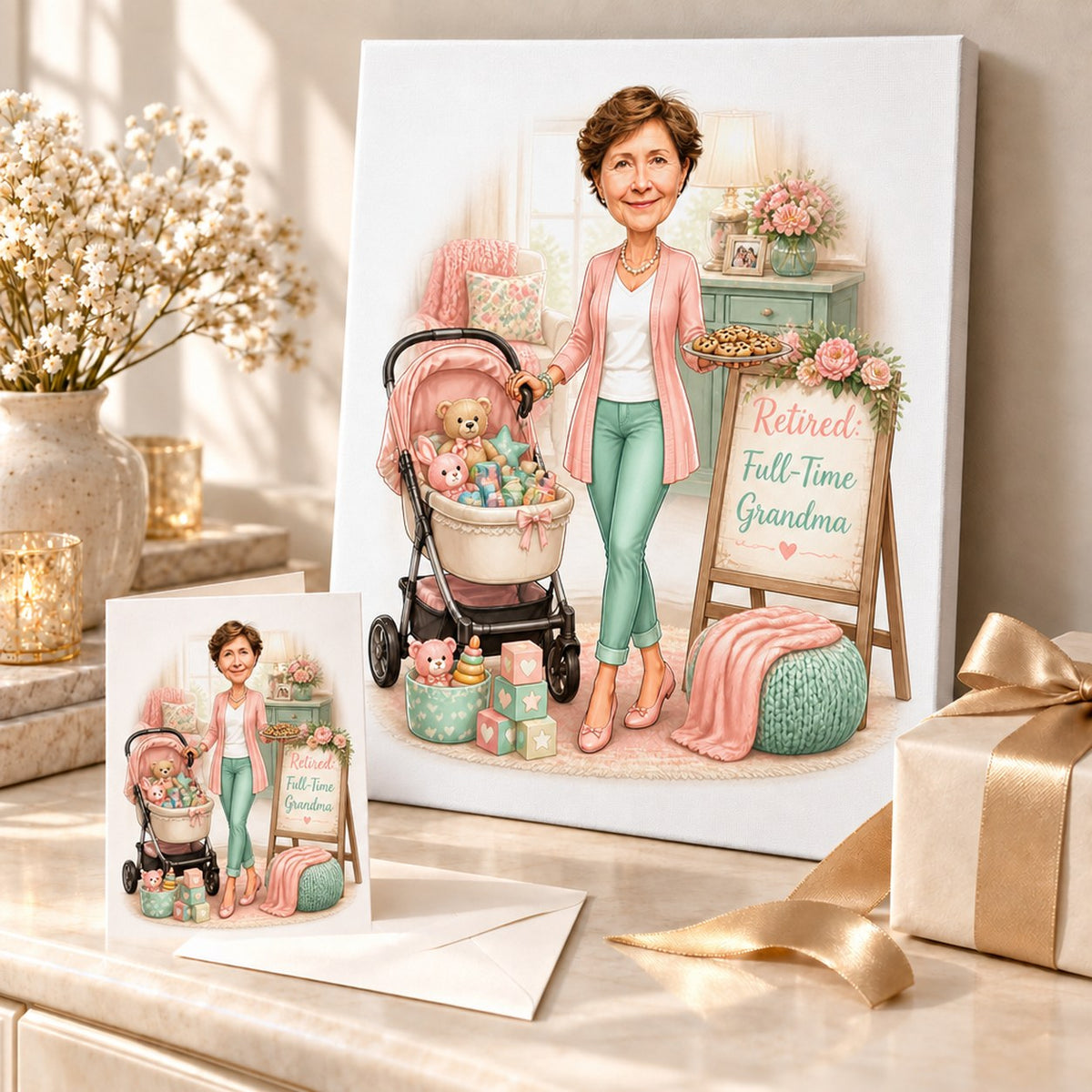 Stretched canvas and 5x7 card of retired grandma caricature in a cozy nursery scene.