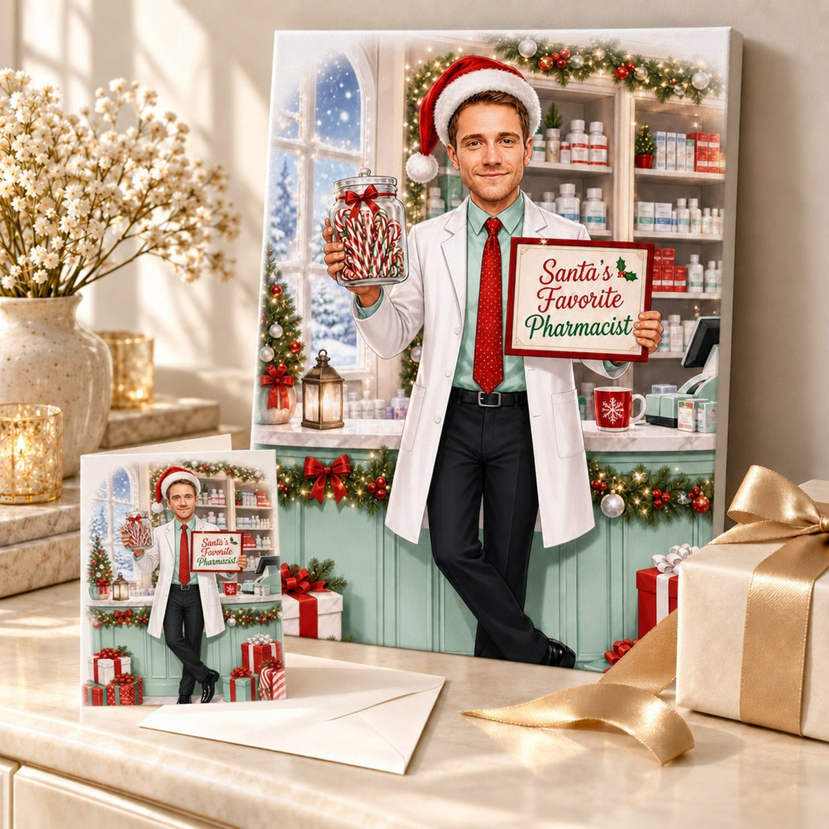 Canvas and 5x7 greeting card of pharmacist Christmas caricature in festive gift setting.