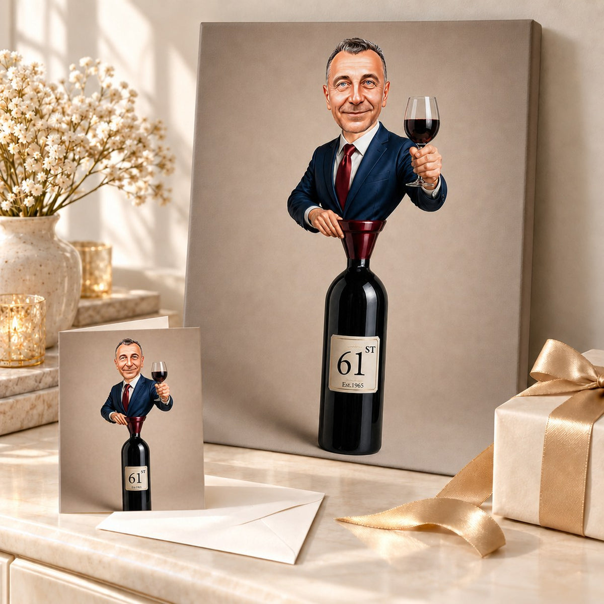 Wine birthday caricature on stretched canvas and 5x7 greeting card with envelope.