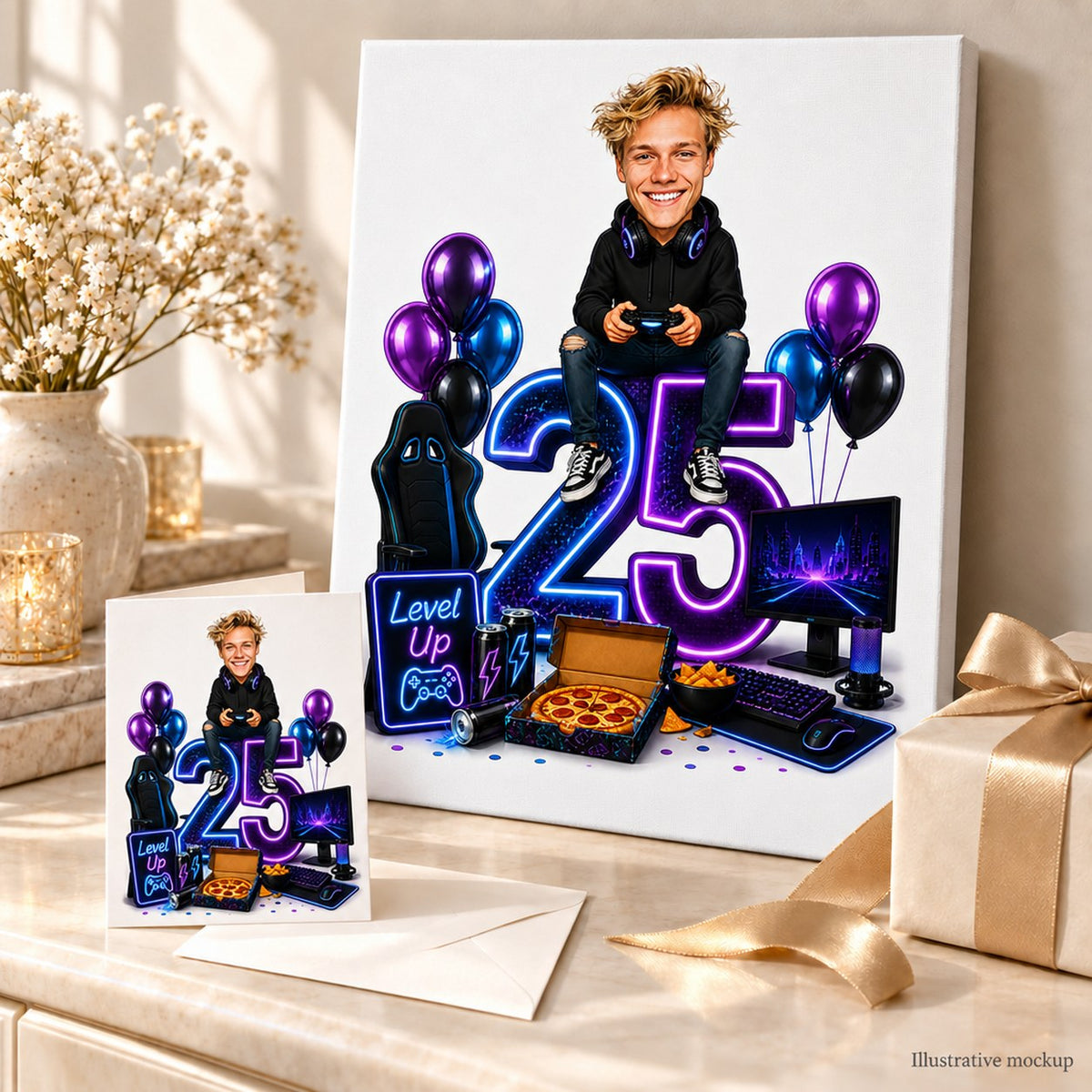 Gamer neon birthday caricature on canvas and 5x7 card with balloons and gift wrap.