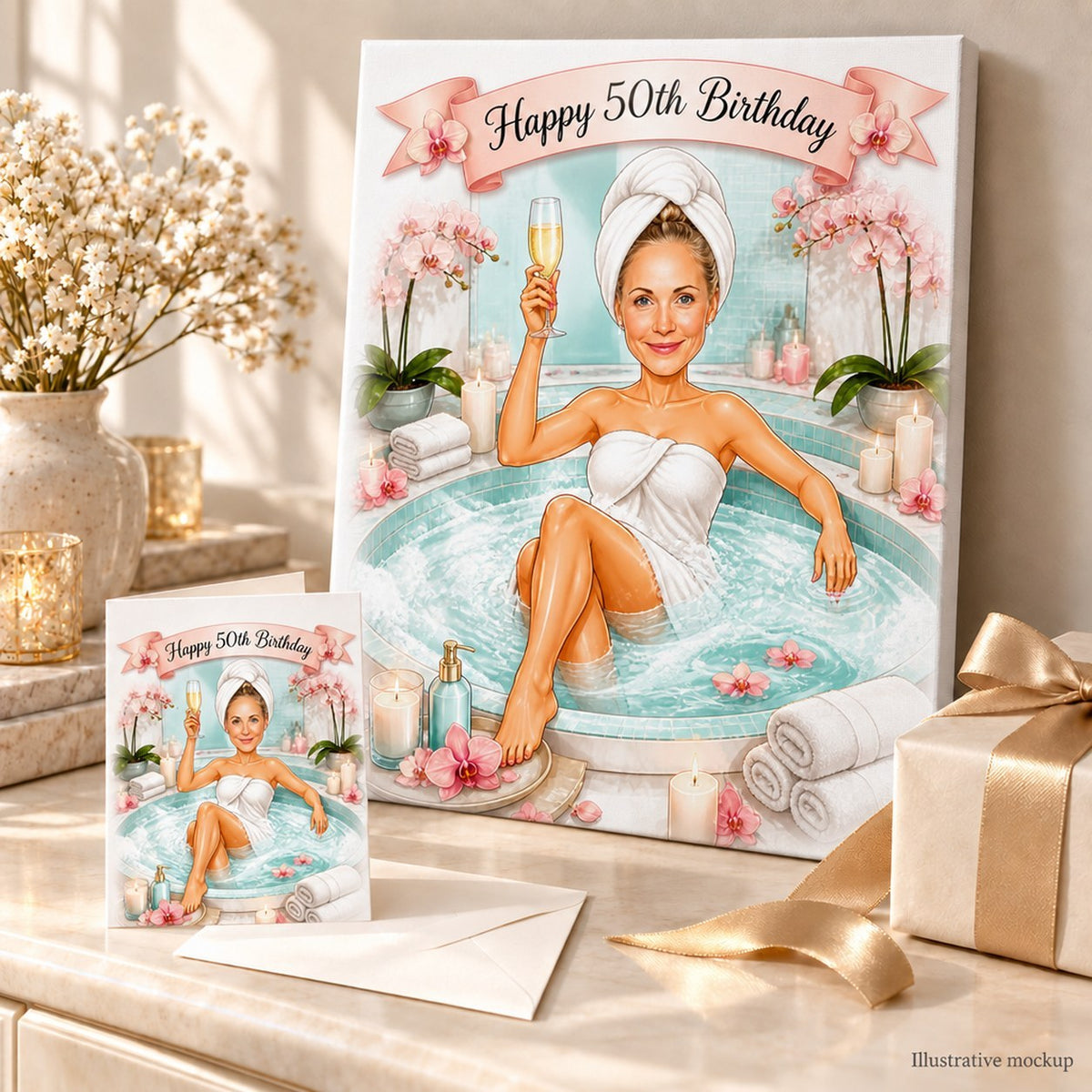Spa day caricature on canvas and 5x7 card shown in a gift scene with flowers.