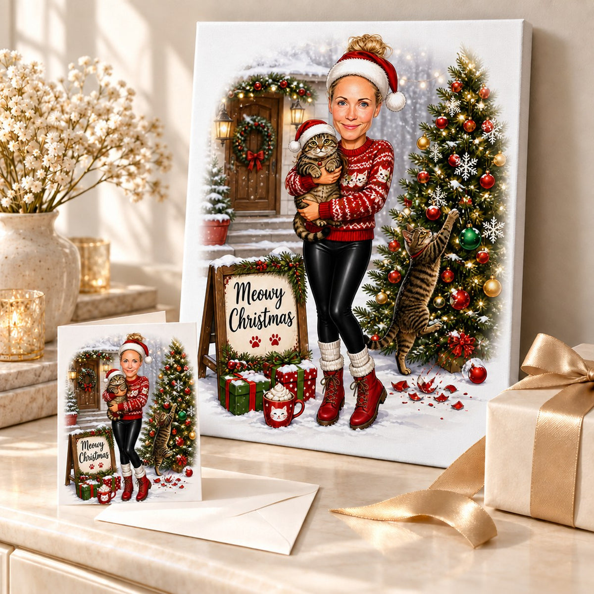 Canvas and 5x7 card featuring custom Meowy Christmas cat caricature in festive gift setting