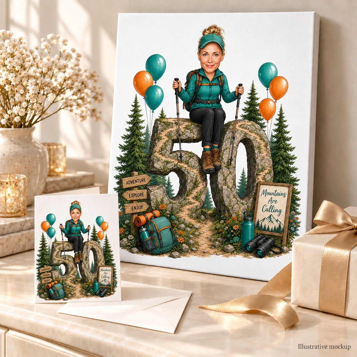 Hiking birthday caricature on stretched canvas and 5x7 card, ready to gift